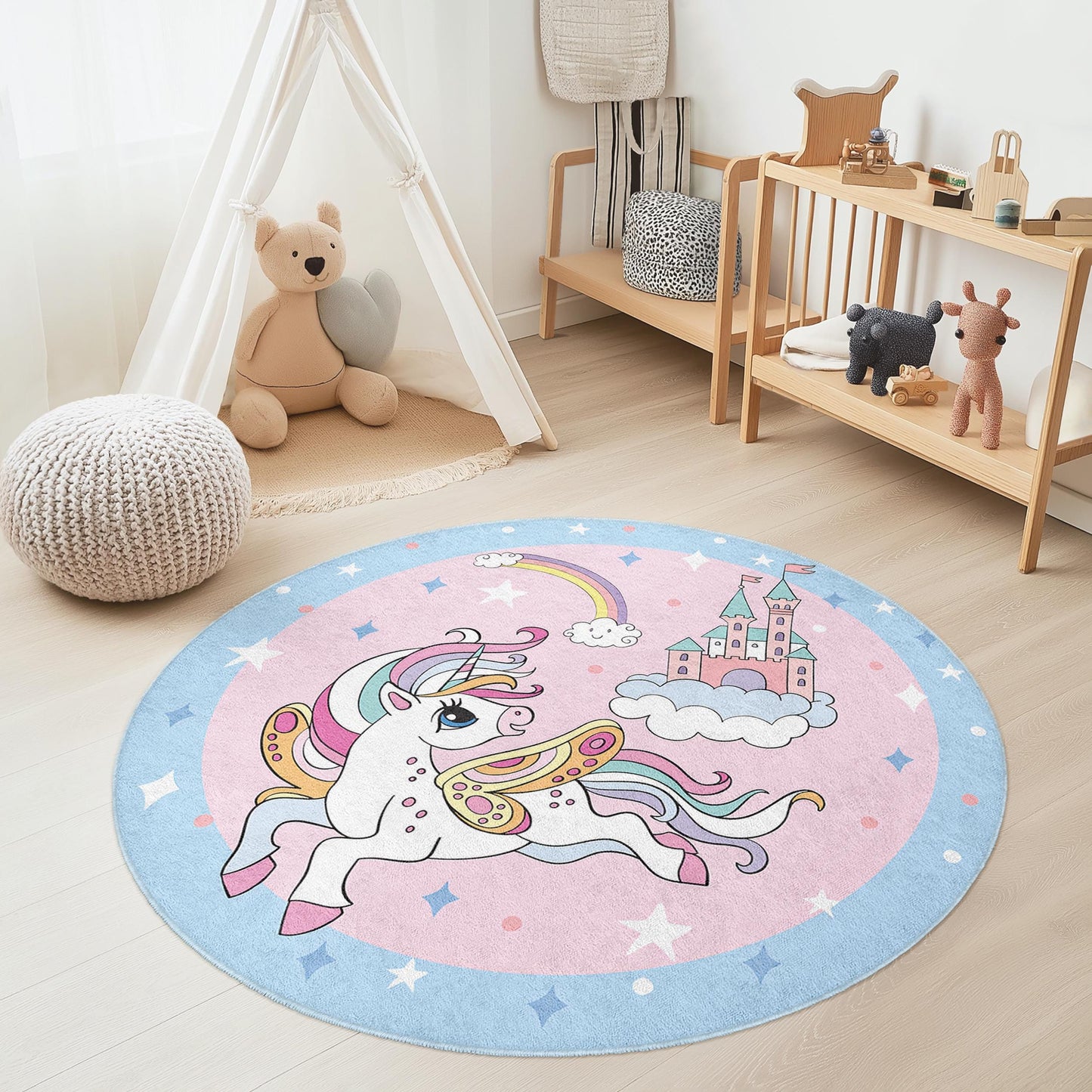 Runder Zauber-Einhorn-Kinderteppich, Märchenhafter Kinderteppich, Spielzimmerdeko, Kinderzimmerteppich, Fantasiezimmerteppich, Kinderzimmeraccessoires