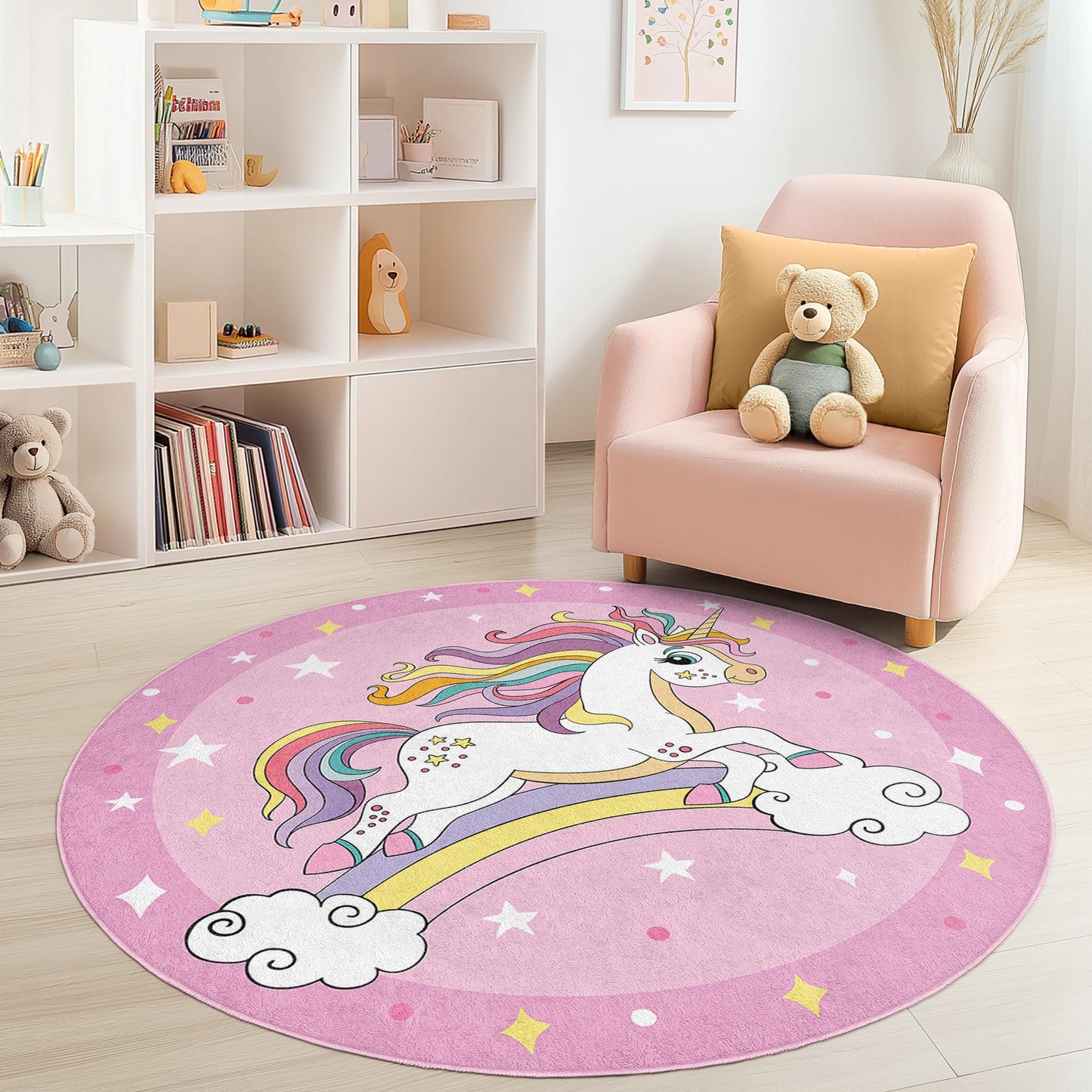Runder Spielteppich mit magischem Einhornmotiv, Regenbogeneinhorn-Teppich, Kinderzimmerdeko, Spielzimmerteppich, runder Kinderzimmerteppich, weicher Kinderteppich