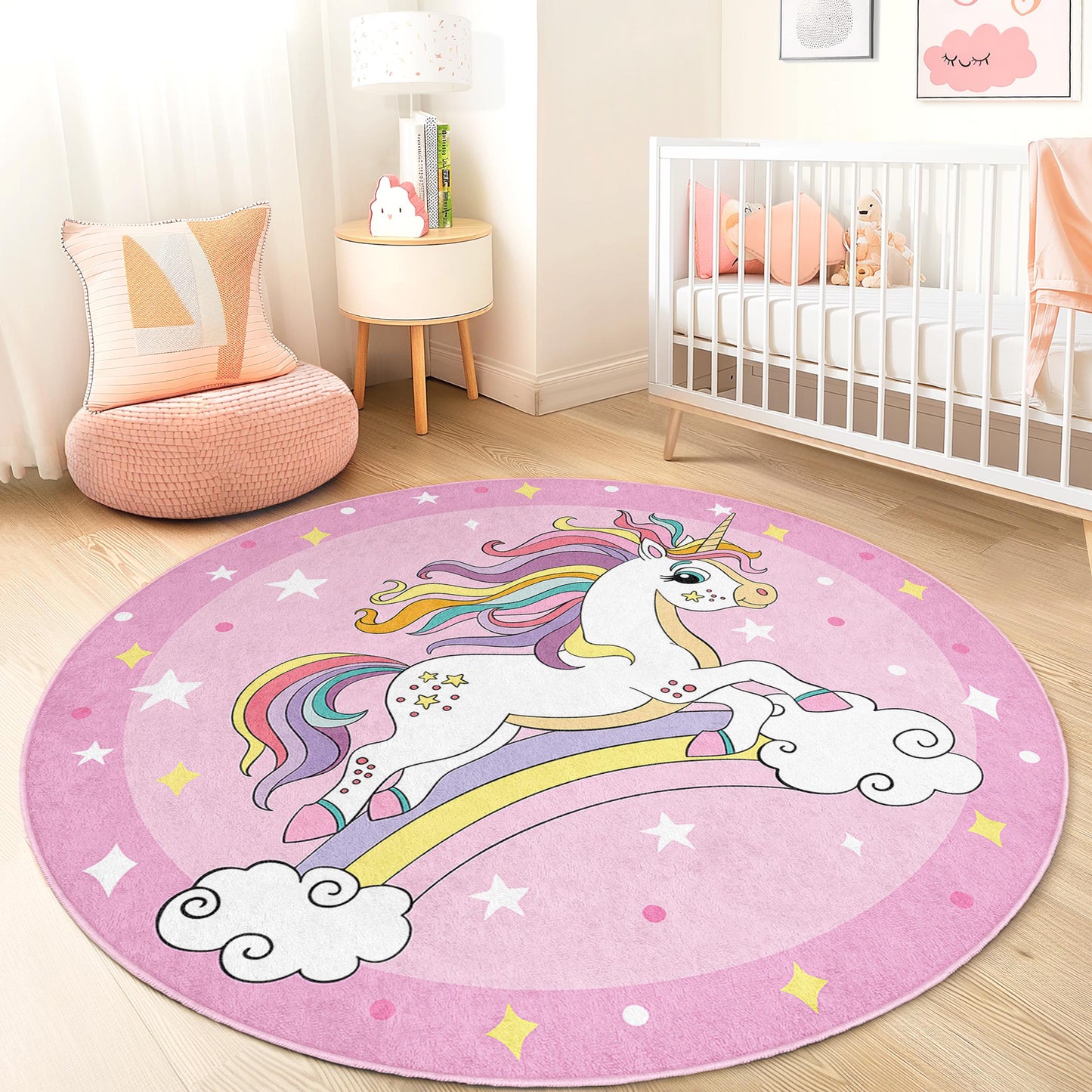 Runder Spielteppich mit magischem Einhornmotiv, Regenbogeneinhorn-Teppich, Kinderzimmerdeko, Spielzimmerteppich, runder Kinderzimmerteppich, weicher Kinderteppich