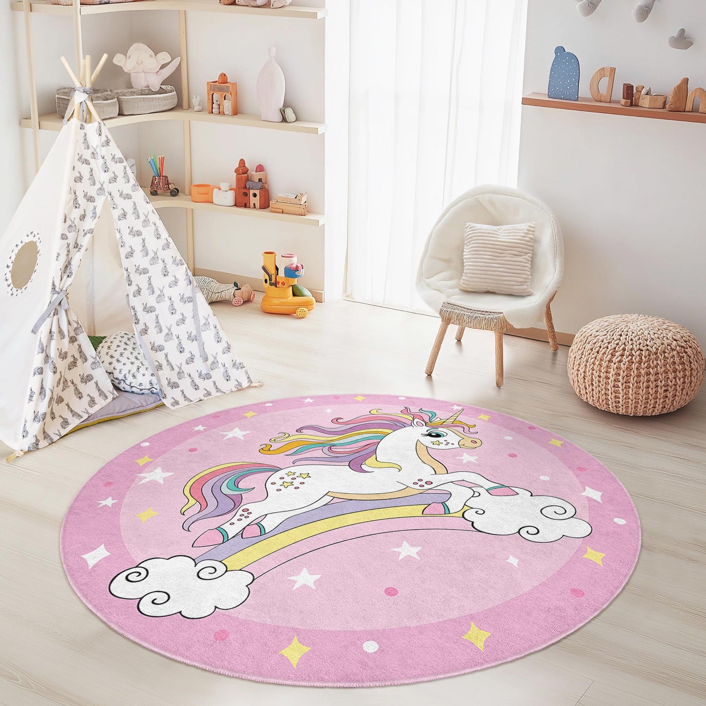 Runder Spielteppich mit magischem Einhornmotiv, Regenbogeneinhorn-Teppich, Kinderzimmerdeko, Spielzimmerteppich, runder Kinderzimmerteppich, weicher Kinderteppich