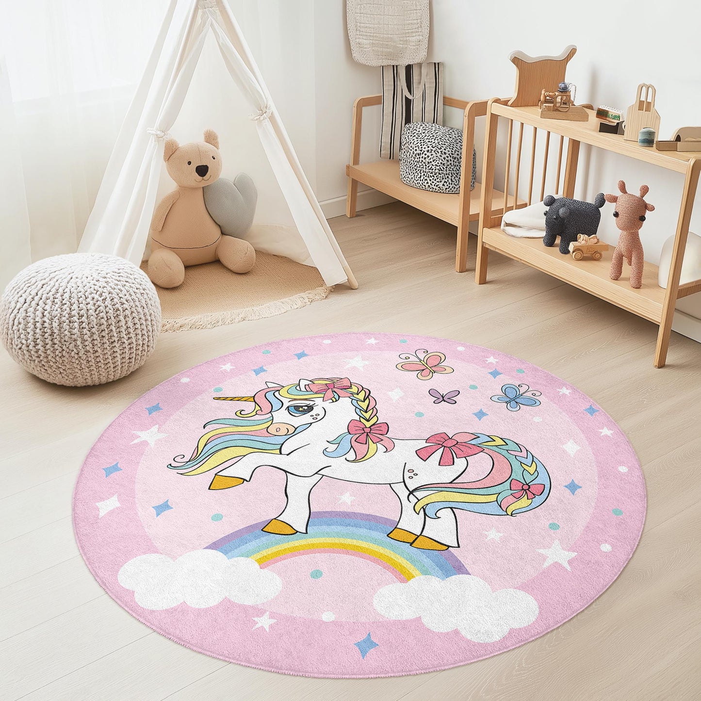 Verspielter runder Einhorn-Kinderteppich, Regenbogen-Einhorn-Spielmatte, zauberhafte Kinderzimmerdekoration, Mädchenzimmerteppich, weicher Spielzimmerteppich