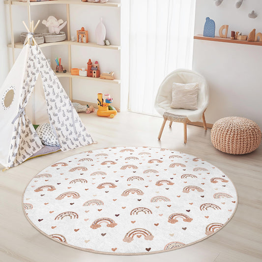 Rainbow Hearts Round Kids Play Rug, Colorful Round Carpet, Nursery Decor, Soft Play Mat, Kids Room Rug, Playroom Accessories