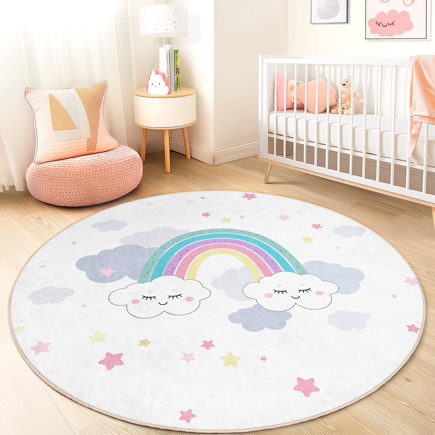 Runder Spielteppich mit Regenbogenwolken, niedlicher Wolken-Regenbogen-Teppich, Kinderzimmerdeko, weicher Kinderteppich, Spielzimmerteppich, Kinderzimmerdeko