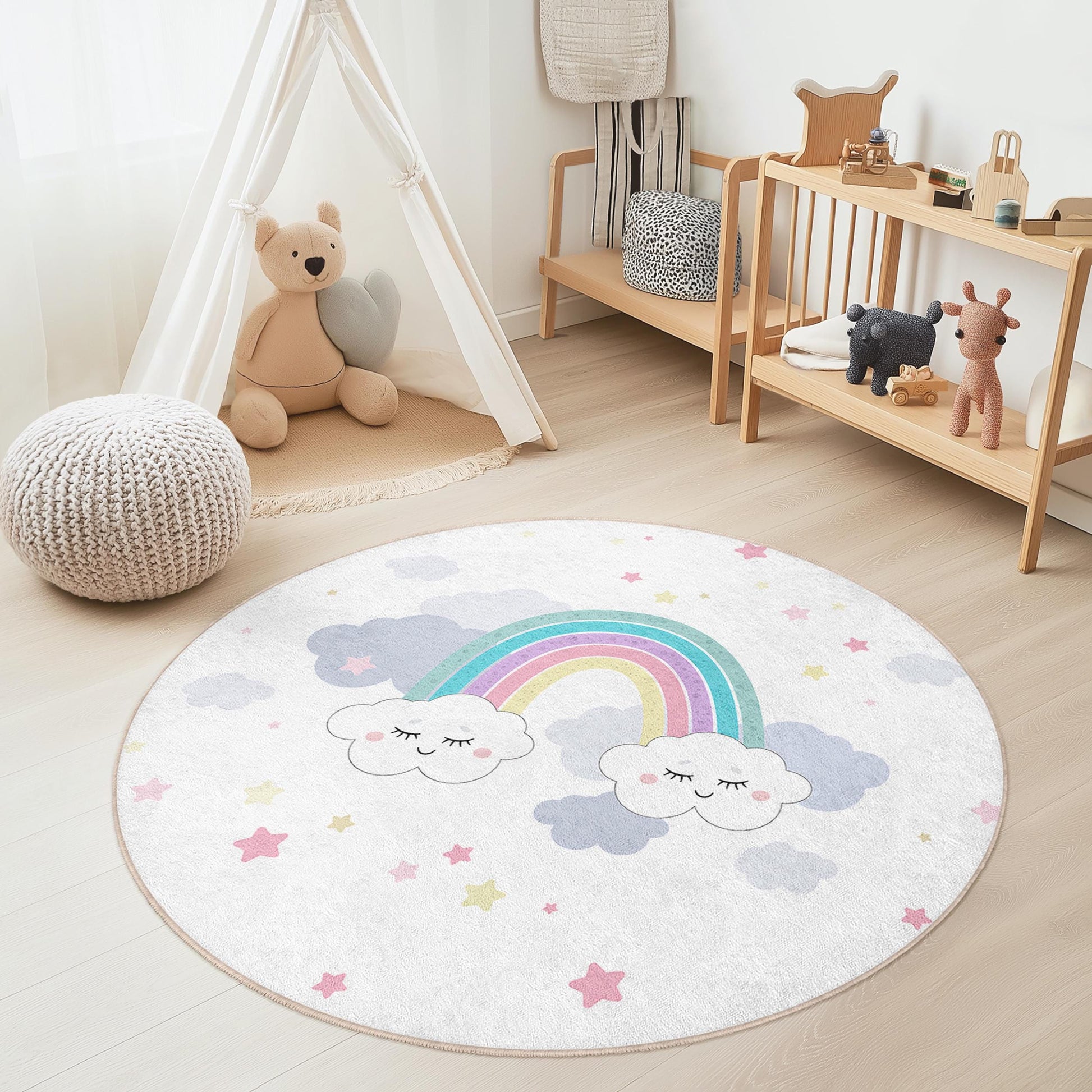 Rainbow Clouds Round Kids Play Rug, Cute Cloud Rainbow Rug, Nursery Decor, Soft Children's Carpet, Playroom Rug, Kids Room Decor