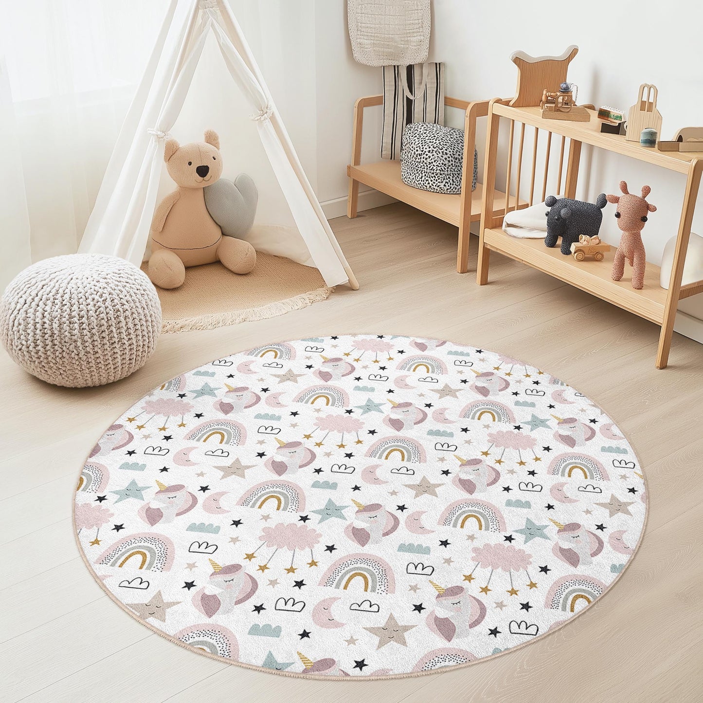 Verspielter runder Einhorn-Spielteppich für Kinder, Regenbogen-Einhorn-Spielmatte, weiche Kinderzimmerdekoration, runder Teppich fürs Kinderzimmer, magischer Kinderteppich
