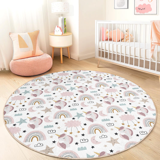 Whimsical Unicorn Round Kids Play Rug, Rainbow Unicorn Playmat, Soft Nursery Decor, Round Carpet for Kids Room, Magical Kids Rug