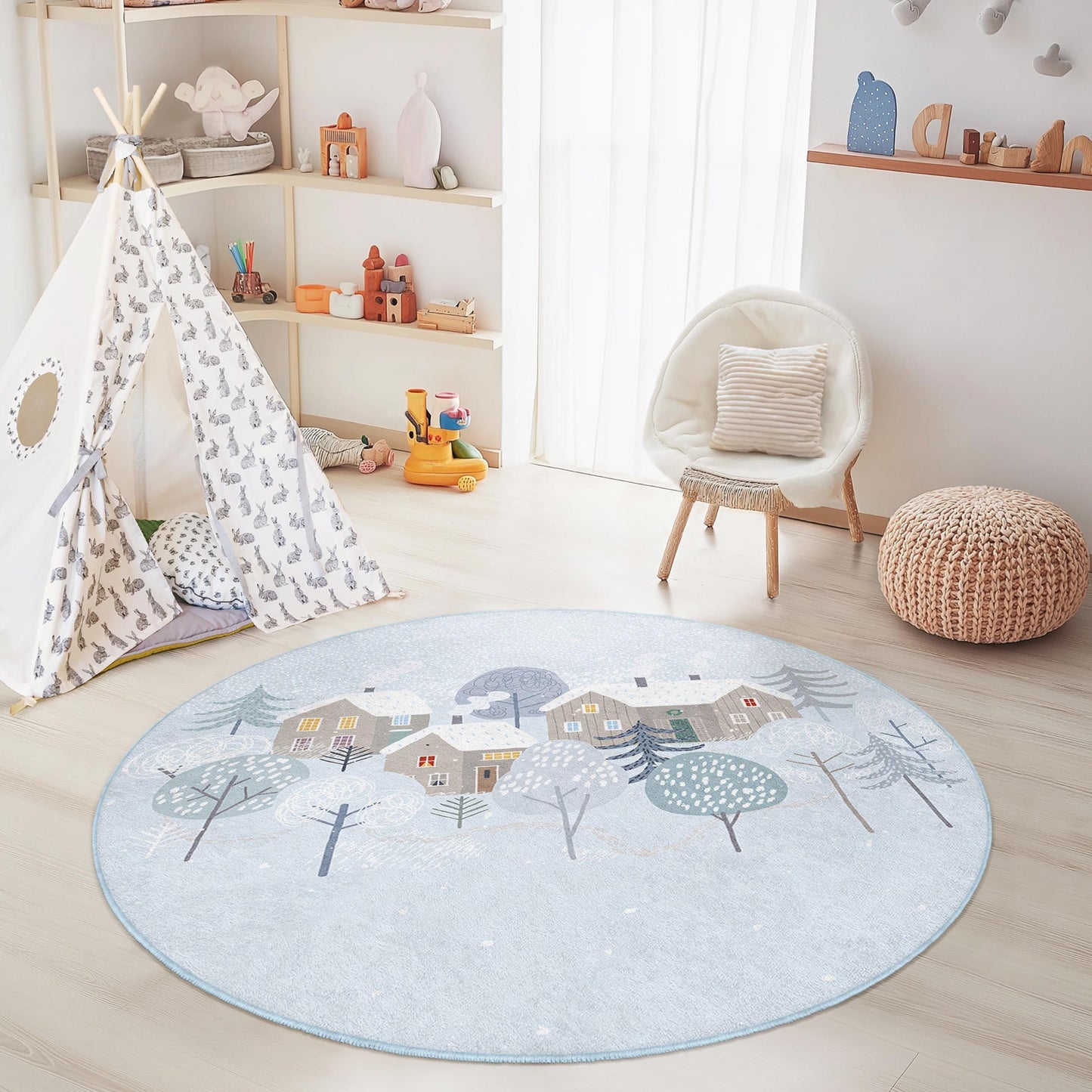 Runder Winterwunderland-Kinderteppich, Gemütlicher Schneedorf-Teppich, Kinderzimmerdeko, Spielzimmerteppich, Weicher runder Teppich