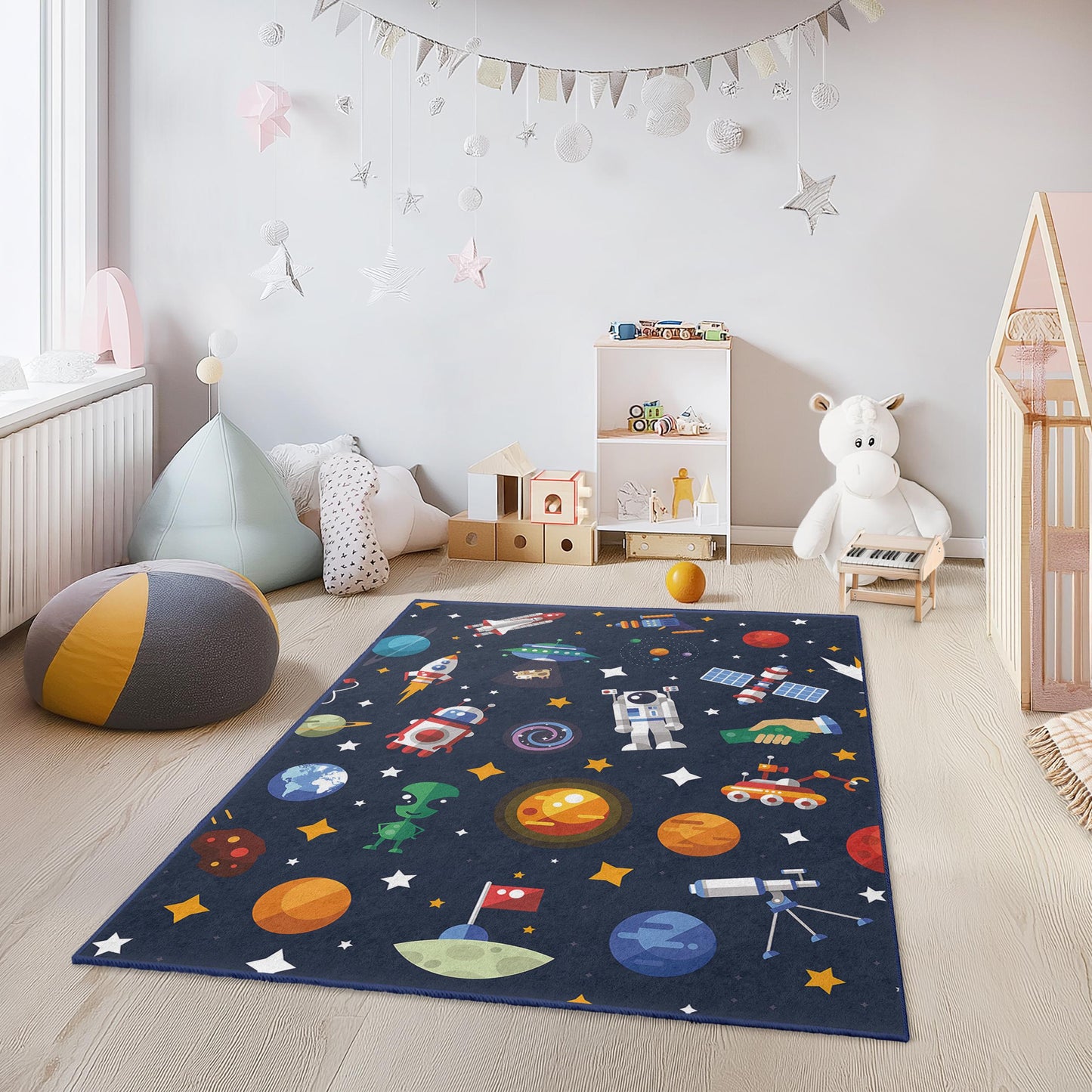 Kosmischer Abenteuer-Spielteppich für Kinder, rechteckiger Weltraumteppich, Weltraum-Kinderteppich, Galaxie-Dekor fürs Kinderzimmer