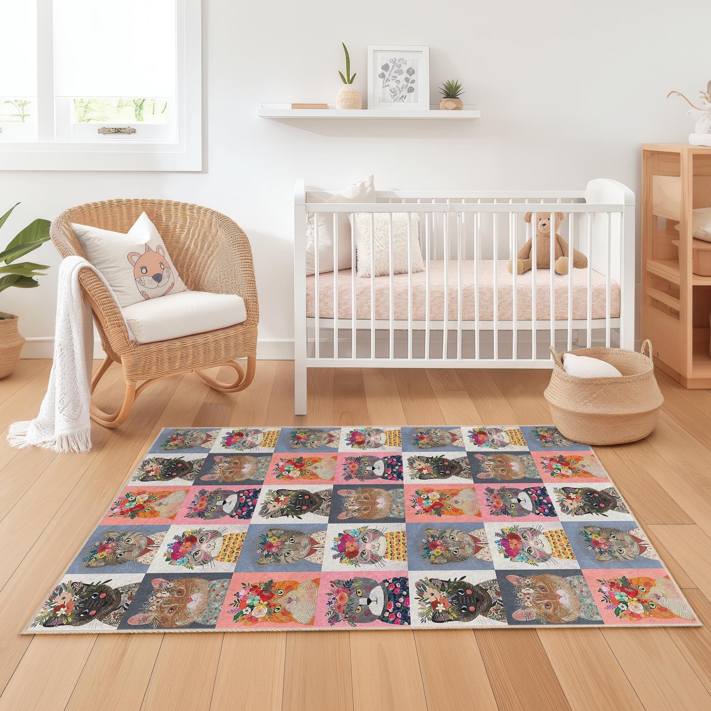 Kinderzimmerteppich mit Blumen- und Katzenmuster, rechteckige Spielmatte mit Katzenmotiv, Kinderzimmerteppich, niedliche Katzendekoration, Teppich mit Tiermotiv für Kinder