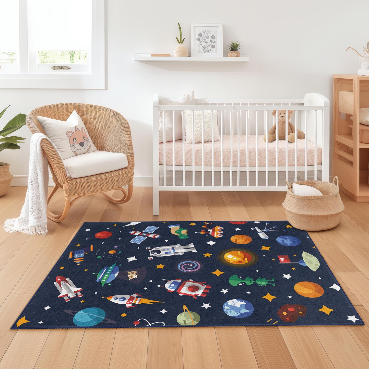 Kosmischer Abenteuer-Spielteppich für Kinder, rechteckiger Weltraumteppich, Weltraum-Kinderteppich, Galaxie-Dekor fürs Kinderzimmer