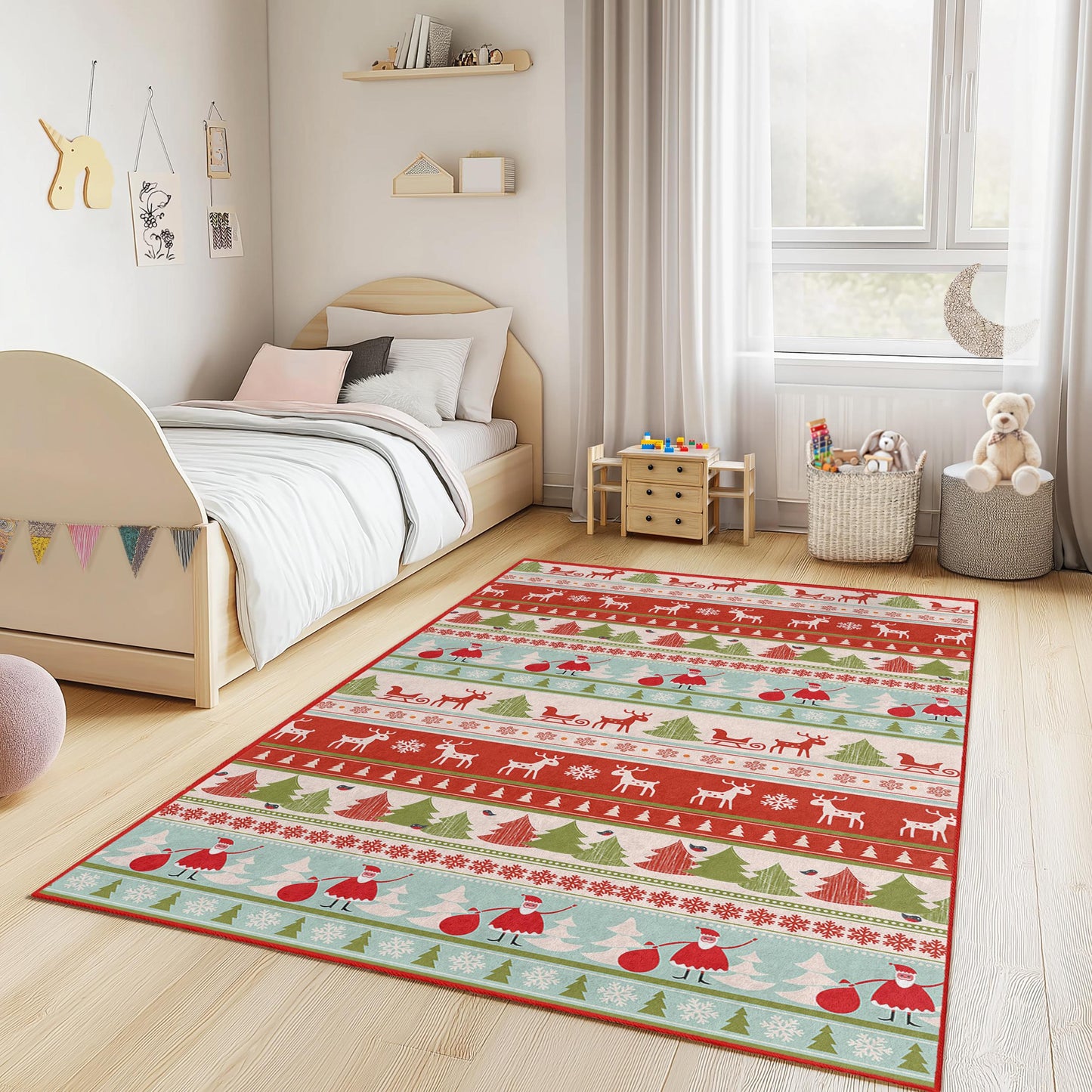 Festlicher Weihnachtsteppich für Kinder, rechteckige Weihnachtsspielmatte, Weihnachtsmann-Rentier-Teppich, Kinderzimmerdeko, Weihnachtsbaumteppich