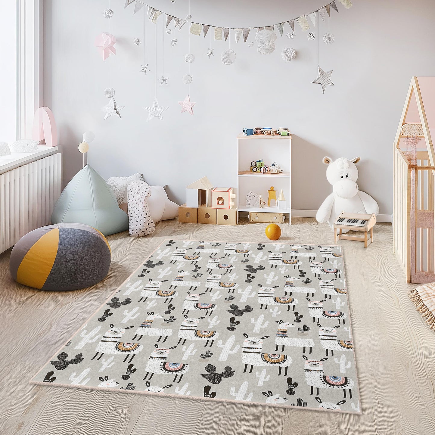 Lama-Abenteuer-Spielteppich für Kinder, niedliche rechteckige Lama-Spielmatte, Kinderzimmerteppich, Kinderzimmerdeko, lustiger Tierteppich für Kinder