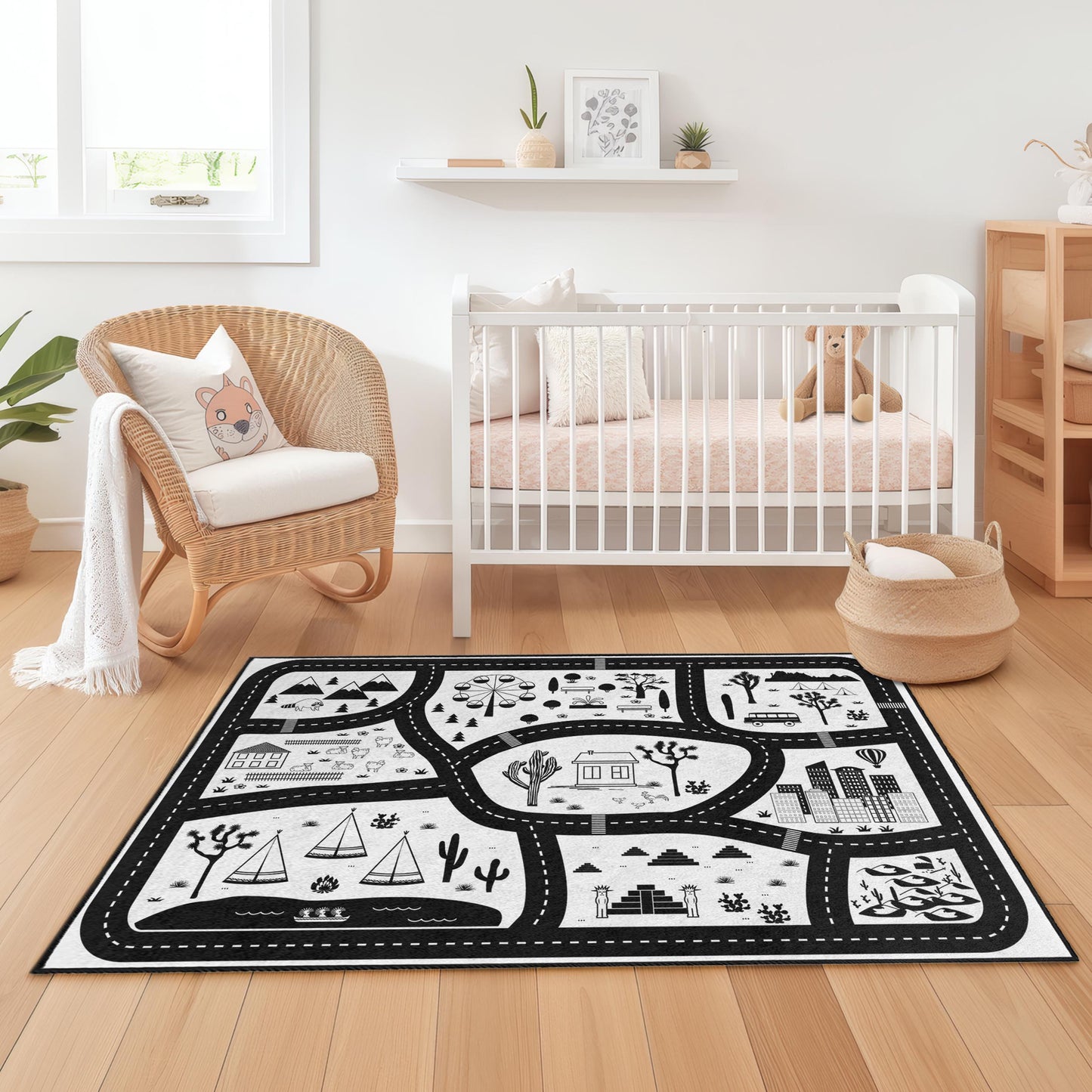 Abenteuer-Straßenkarten-Spielteppich für Kinder, schwarz-weiße Spielmatte, rechteckiger Kinderteppich, lustige Spielzimmerdekoration, weicher Kinderteppich