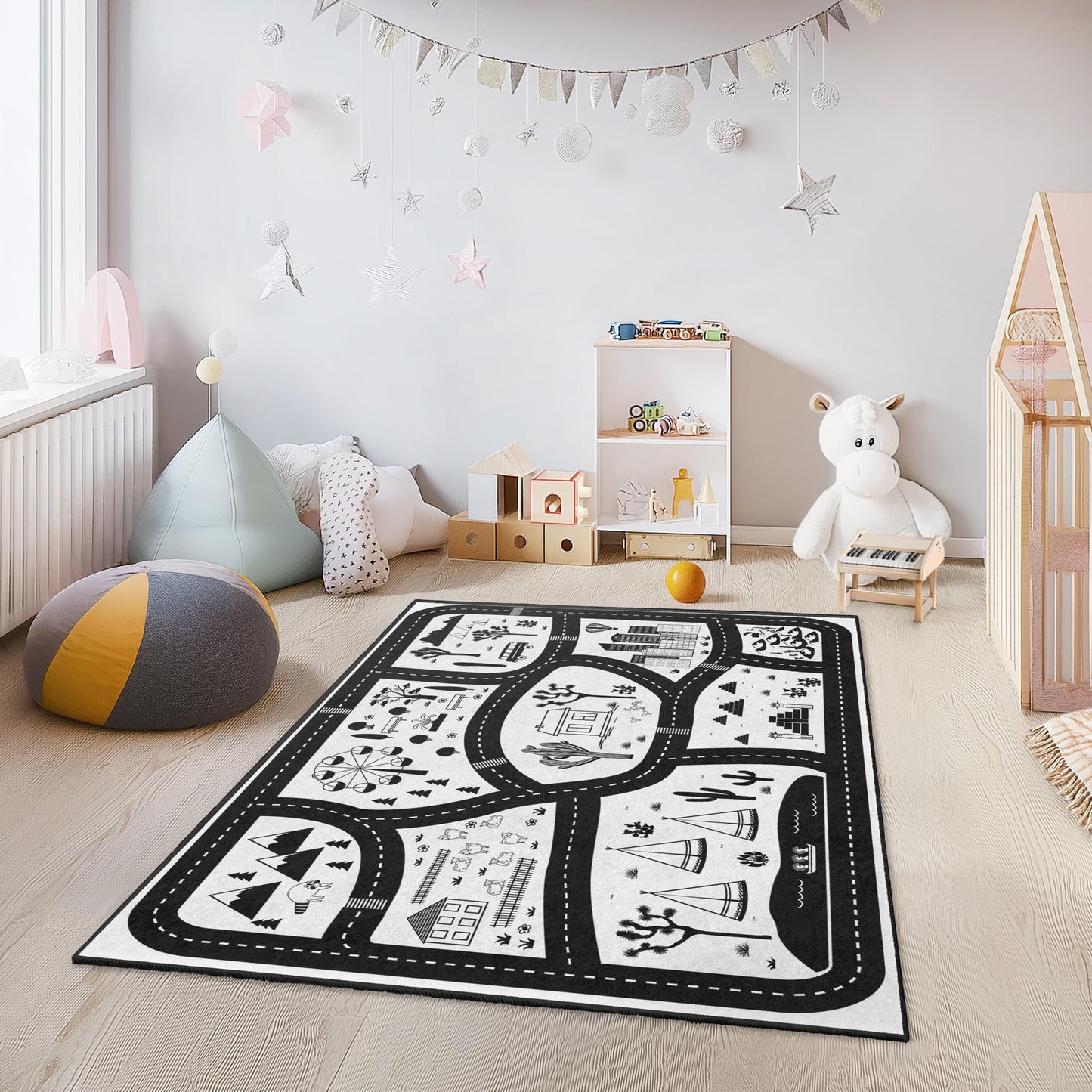 Abenteuer-Straßenkarten-Spielteppich für Kinder, schwarz-weiße Spielmatte, rechteckiger Kinderteppich, lustige Spielzimmerdekoration, weicher Kinderteppich