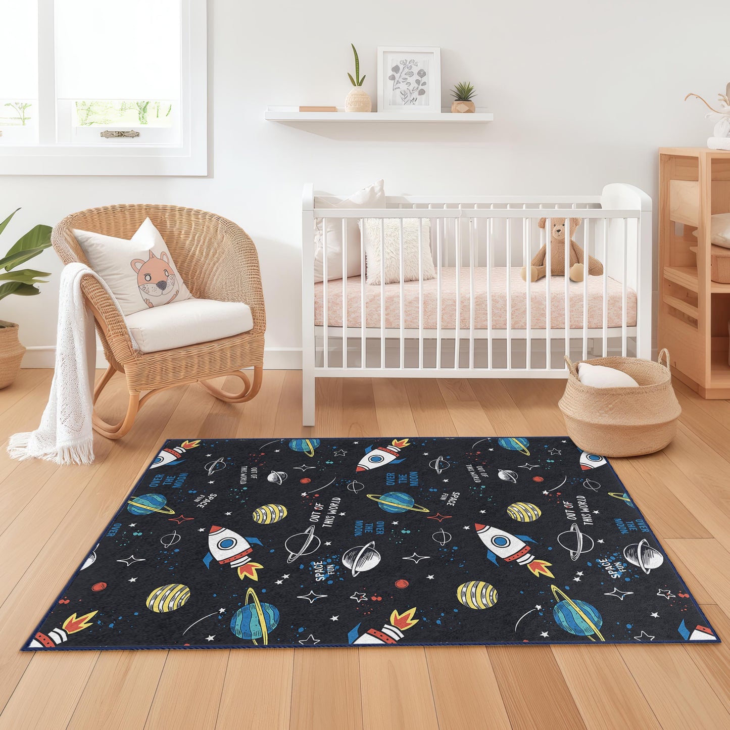 Weltraum-Spielteppich für Kinder, Raketen- und Planeten-Spielmatte, rechteckiger Kinderteppich, kosmische Deko fürs Kinderzimmer