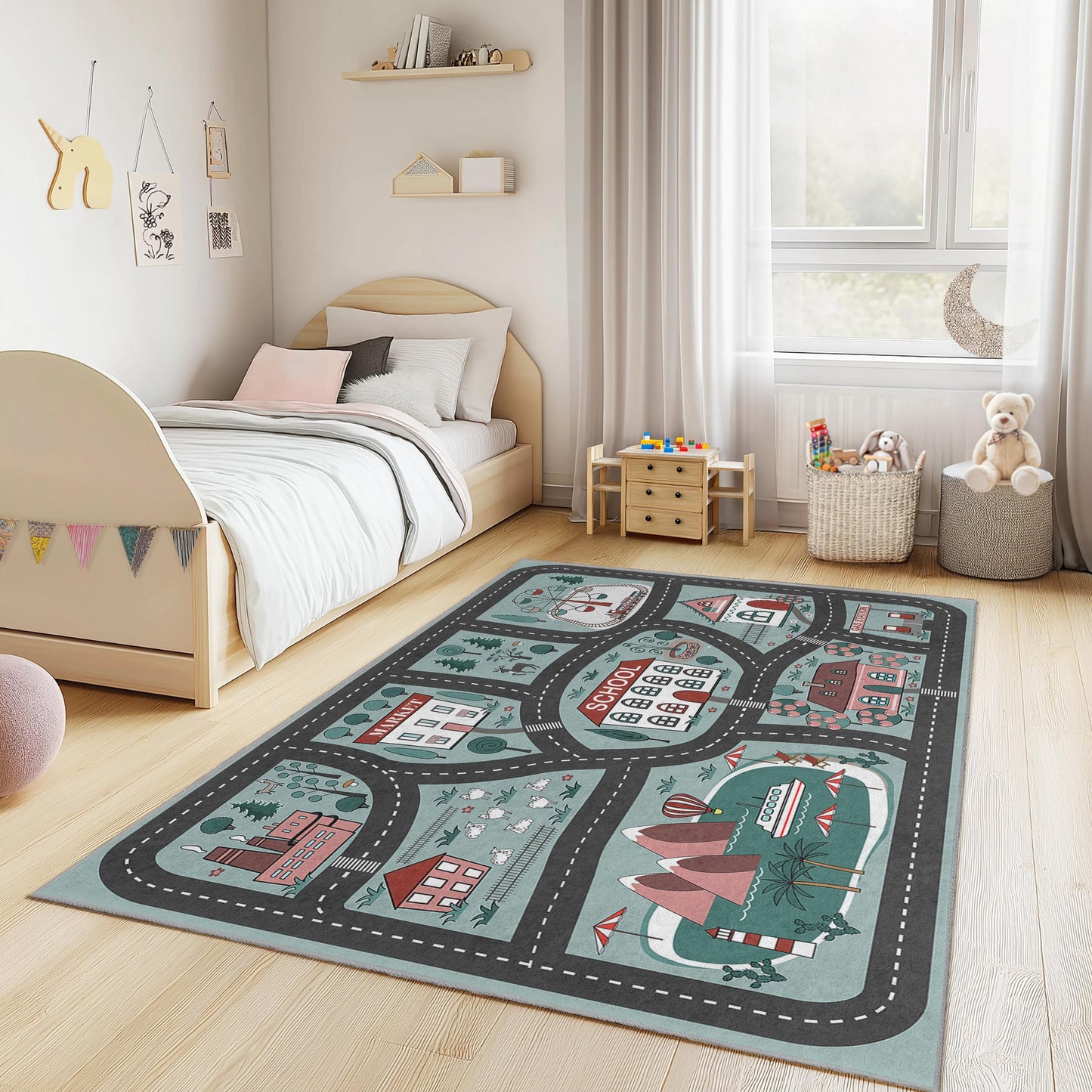 Verspielter Stadtstraßen-Kinderteppich, interaktiver rechteckiger Teppich fürs Spielzimmer, Kinderteppich mit Schulmotiv, weiche Spielmatte für Kinder