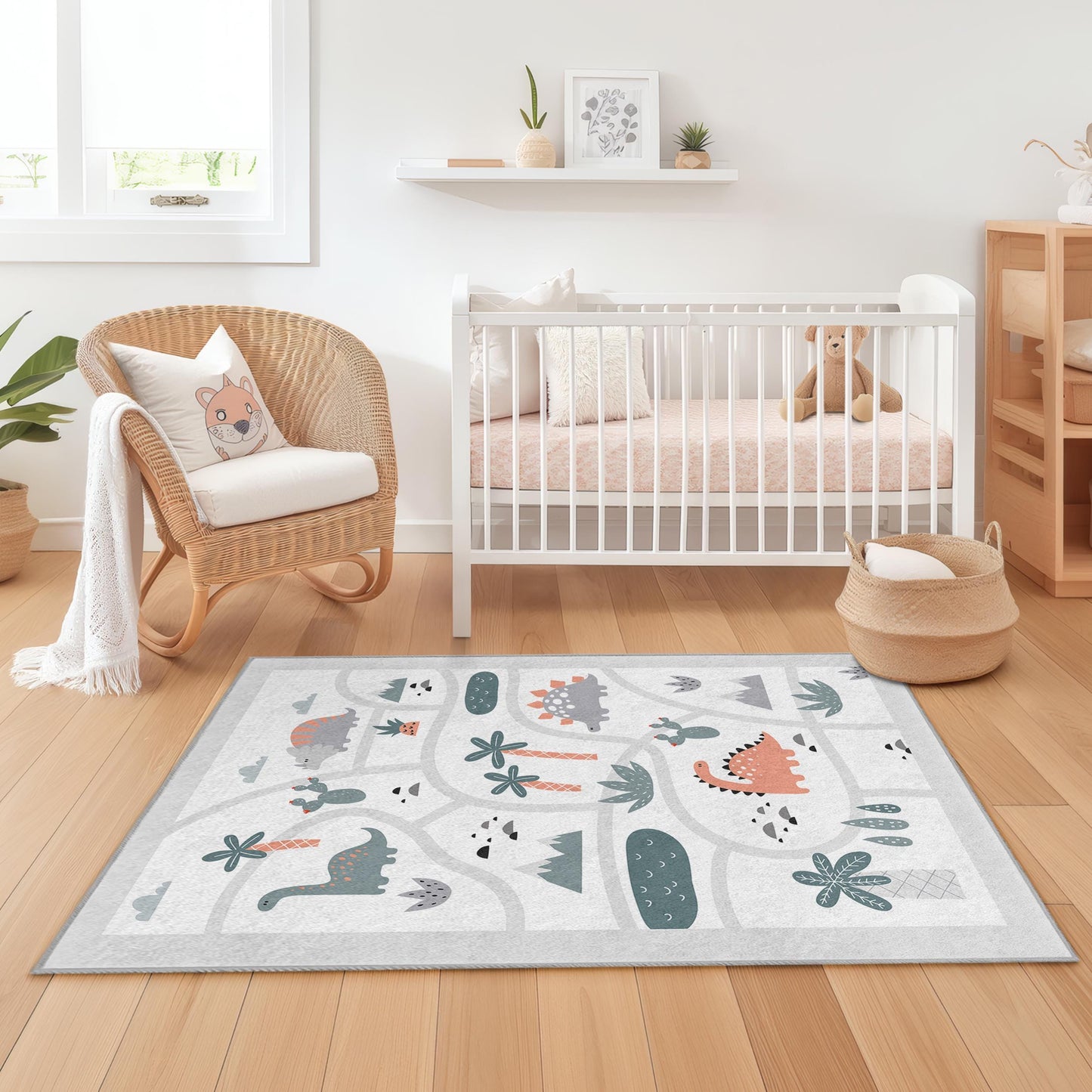 Dinosaurier-Abenteuer-Spielteppich für Kinder, interaktiver Dinosaurier-Kinderteppich, rechteckige Spielmatte, farbenfrohe Kinderzimmerdekoration, weicher Kinderzimmerteppich