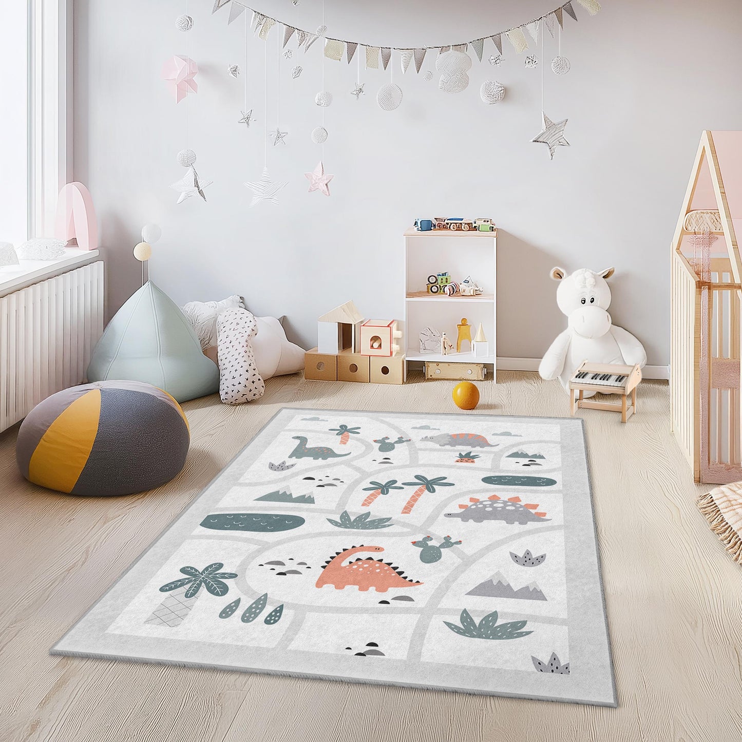 Dinosaurier-Abenteuer-Spielteppich für Kinder, interaktiver Dinosaurier-Kinderteppich, rechteckige Spielmatte, farbenfrohe Kinderzimmerdekoration, weicher Kinderzimmerteppich