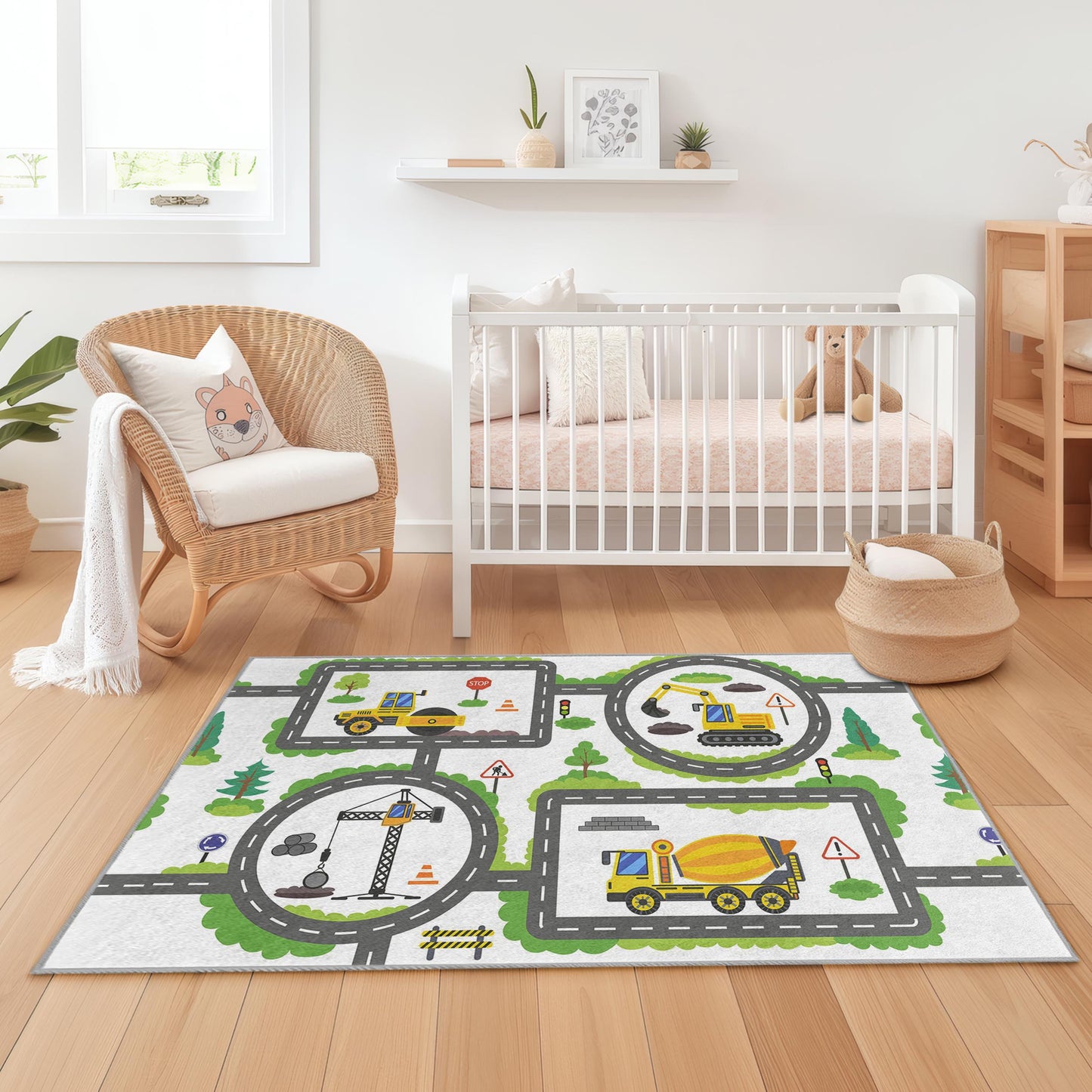 Baustellen-Spielteppich für Kinder, Straßenkarten-Teppich für Kinder, interaktive Spielmatte fürs Kinderzimmer, rechteckiger Kinderteppich