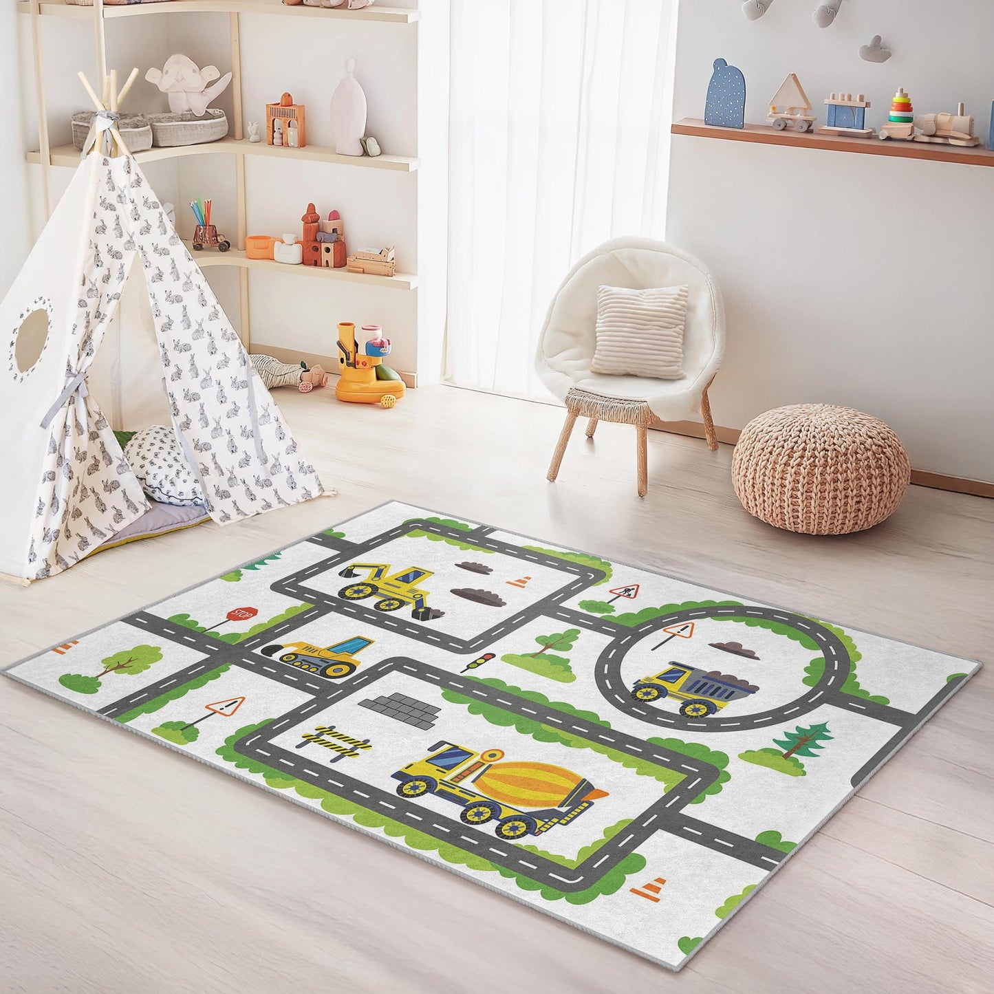Rechteckiger Teppich mit LKW- und Fahrzeugmotiven, Baustellen-Spielteppich für Kinder, Spielzimmerteppich für Kinder, Kinderzimmerdekoration, weiche Spielmatte