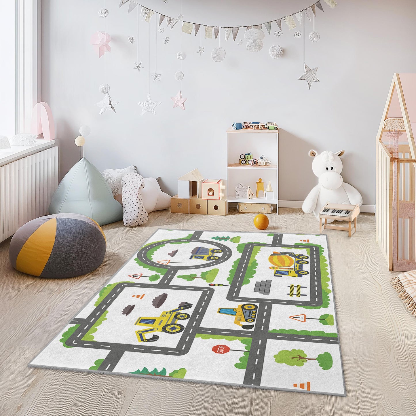 Rechteckiger Teppich mit LKW- und Fahrzeugmotiven, Baustellen-Spielteppich für Kinder, Spielzimmerteppich für Kinder, Kinderzimmerdekoration, weiche Spielmatte