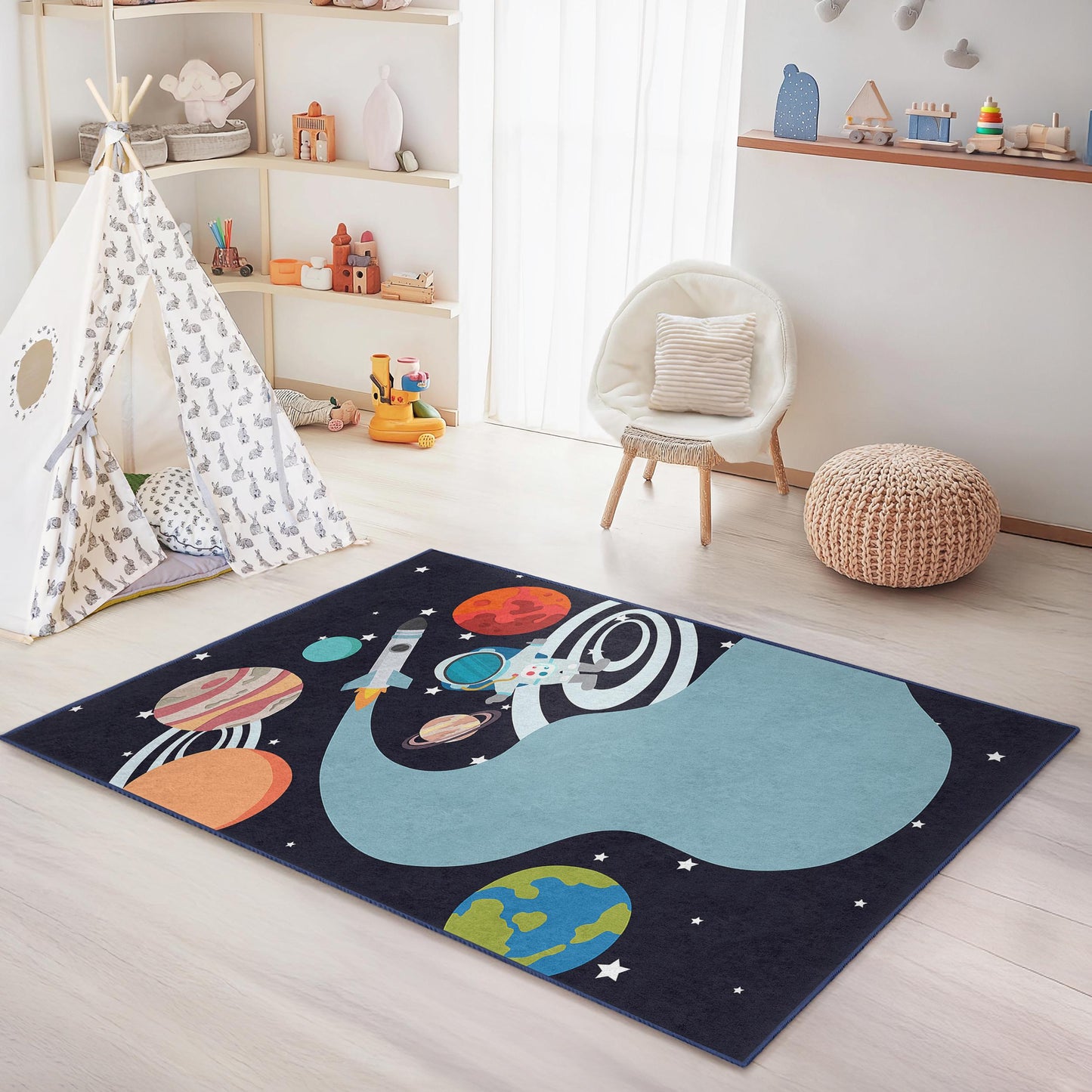 Weltraum-Abenteuer-Kinderteppich, Astronauten-Spielmatte, Galaxie-Teppich fürs Kinderzimmer, Weltraum-Design-Kinderzimmerdeko