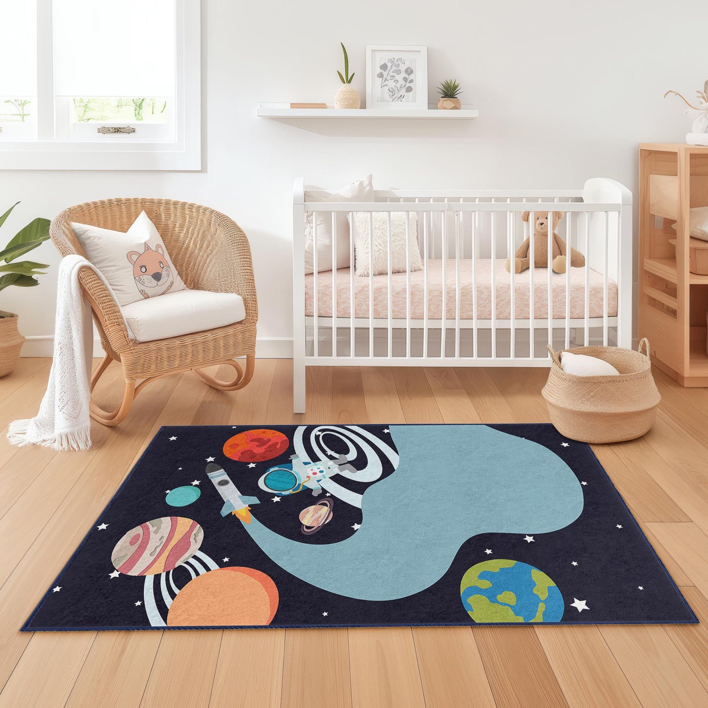Weltraum-Abenteuer-Kinderteppich, Astronauten-Spielmatte, Galaxie-Teppich fürs Kinderzimmer, Weltraum-Design-Kinderzimmerdeko