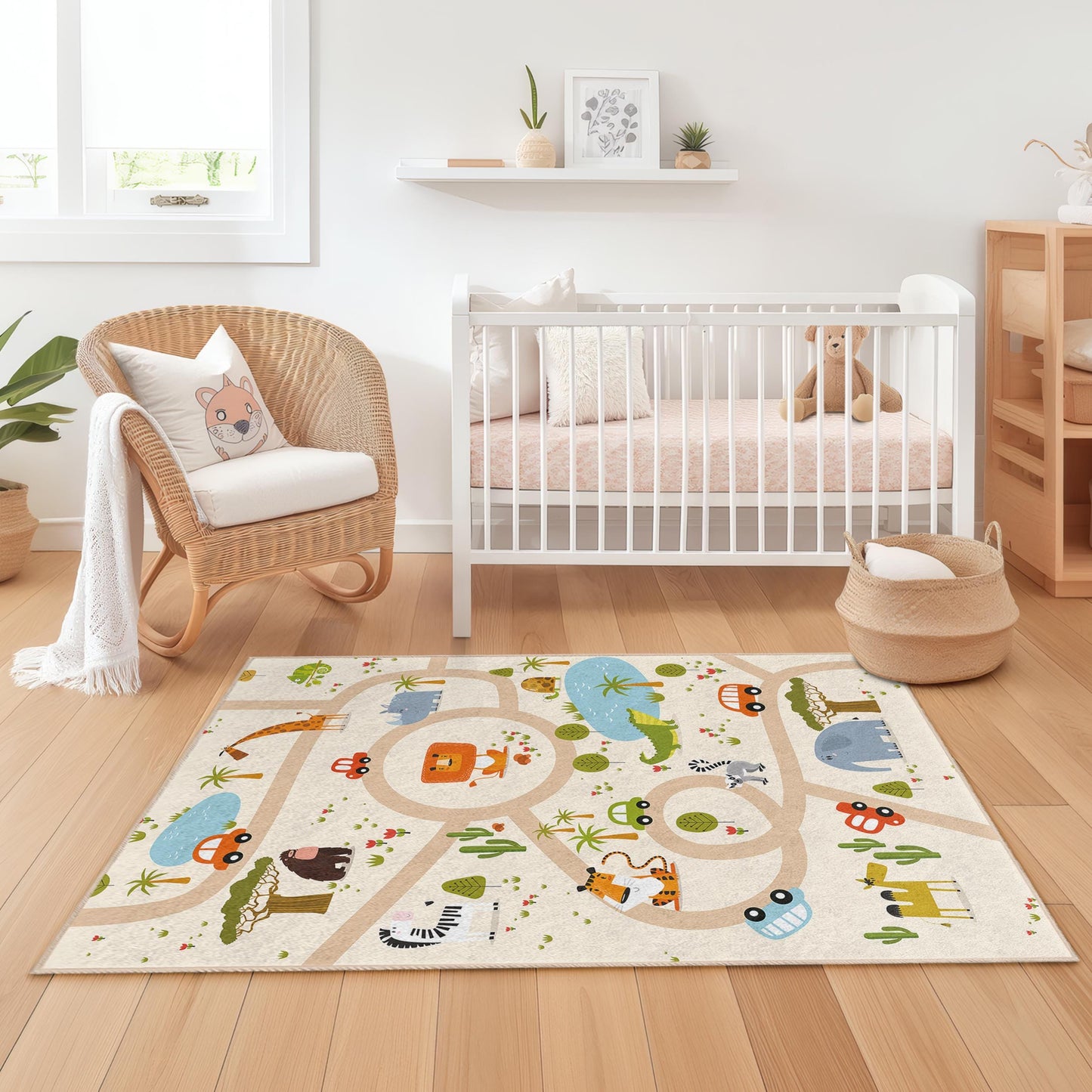 Safari-Spielmatte, bunter Tierabenteuer-Spielteppich für Kinder, rechteckiger Teppich mit Tierkarte, Kinderzimmerteppich, Kinderzimmerdekoration