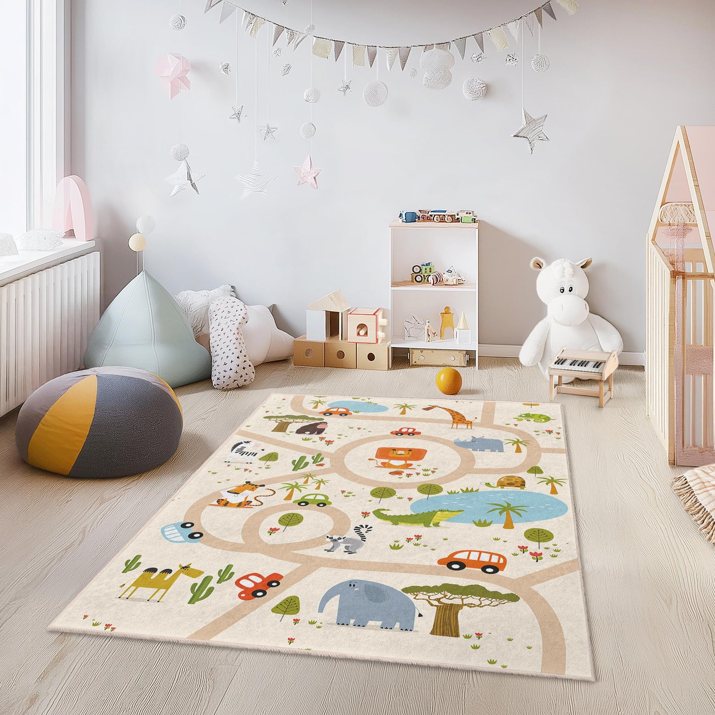 Safari-Spielmatte, bunter Tierabenteuer-Spielteppich für Kinder, rechteckiger Teppich mit Tierkarte, Kinderzimmerteppich, Kinderzimmerdekoration