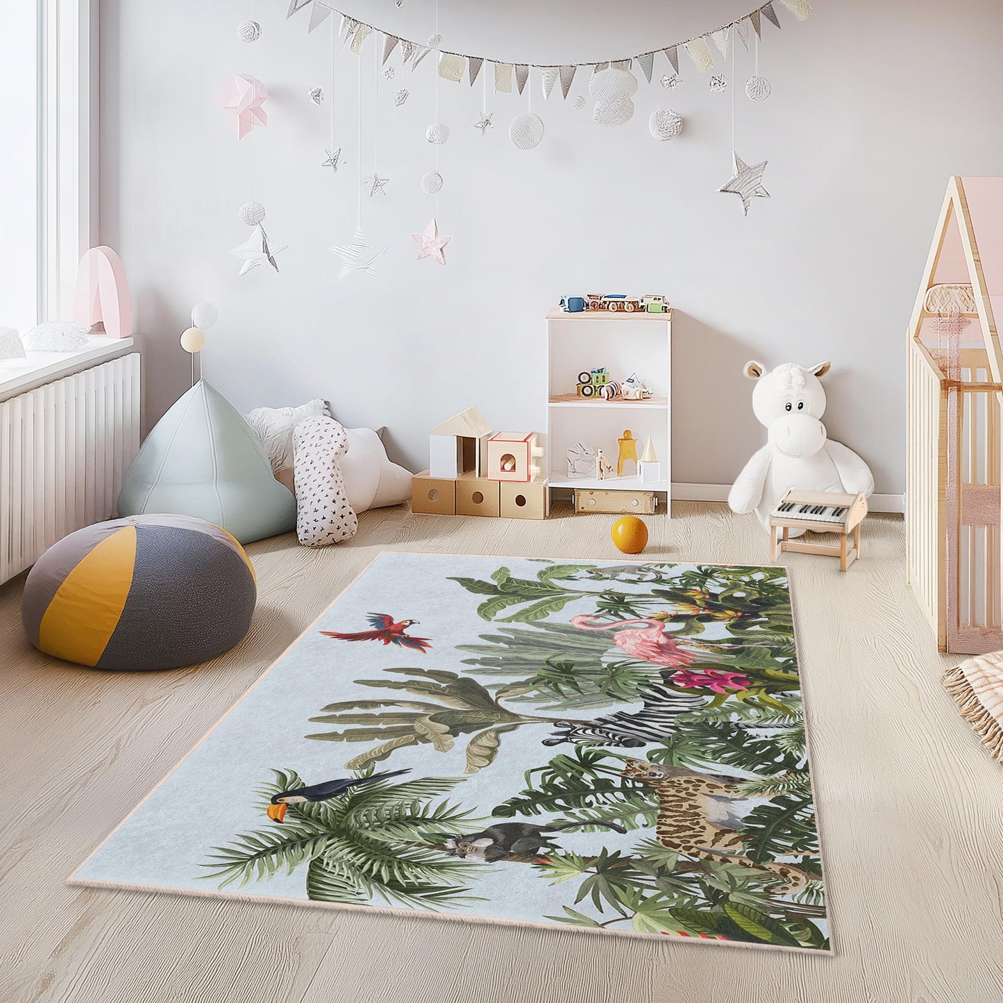 Tropisches Paradies-Kinderteppich, Dschungeltier-Spielmatte, rechteckiger Kinderzimmerteppich, farbenfrohe Dschungeldeko, lustiger Kinderteppich
