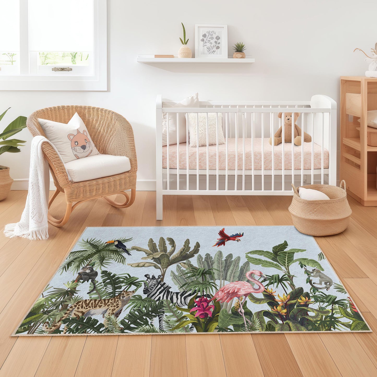 Tropisches Paradies-Kinderteppich, Dschungeltier-Spielmatte, rechteckiger Kinderzimmerteppich, farbenfrohe Dschungeldeko, lustiger Kinderteppich