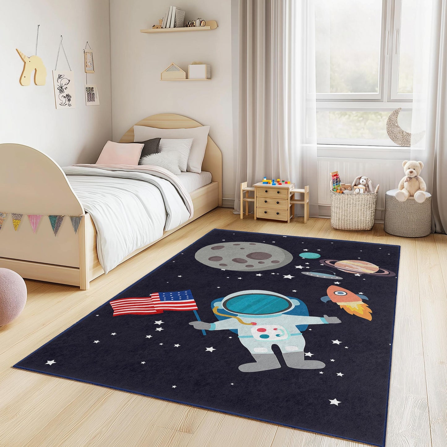 Weltraum-Teppich für Kinder, rechteckiger Teppich mit Weltraummotiv, Kinderzimmerteppich, Spielzimmerdekoration, Galaxie-Teppich für Kinder