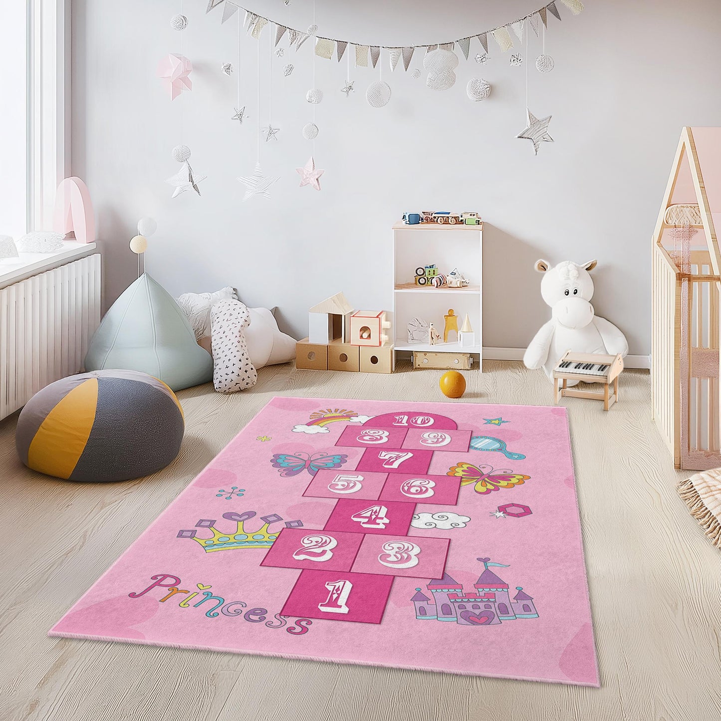 Prinzessinnen-Hüpfspielteppich fürs Kinderzimmer, rechteckiger Kinderteppich, weiche Spielmatte, Kinderzimmerdekoration, lustiges Schmetterlingsdesign