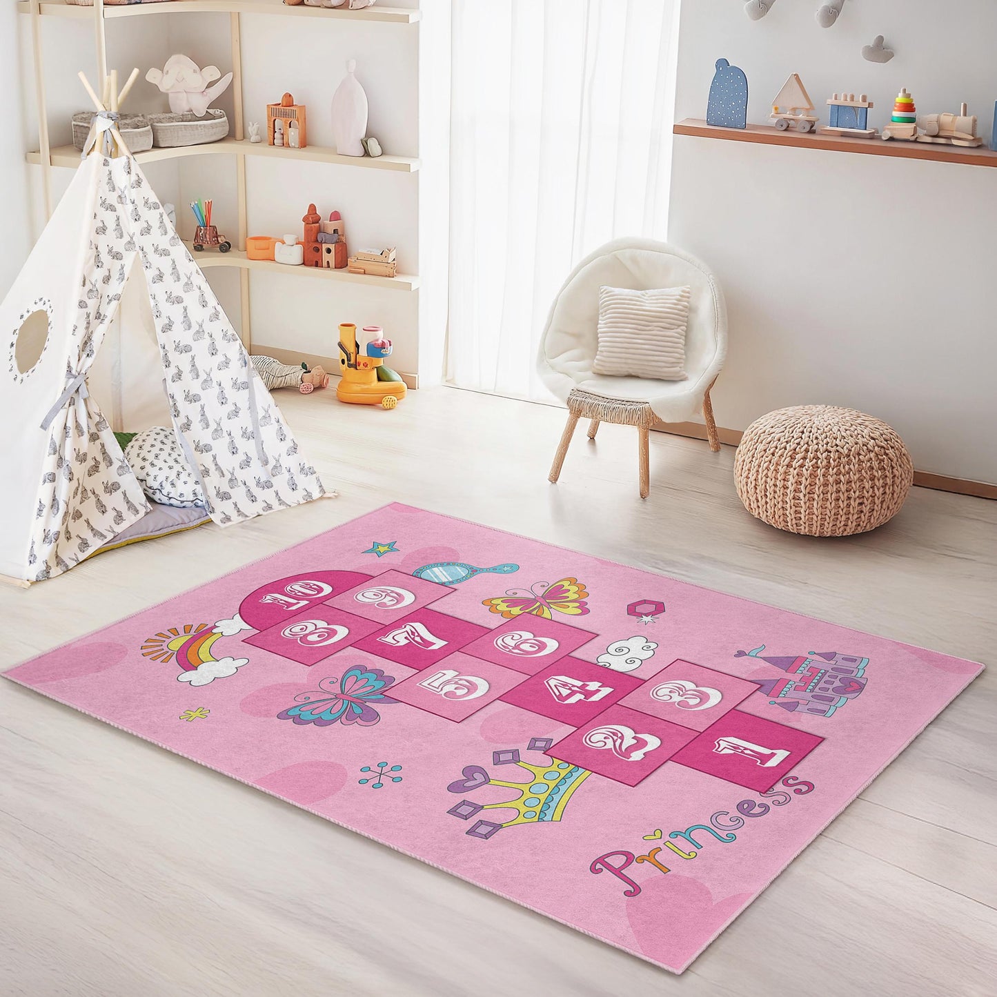 Prinzessinnen-Hüpfspielteppich fürs Kinderzimmer, rechteckiger Kinderteppich, weiche Spielmatte, Kinderzimmerdekoration, lustiges Schmetterlingsdesign