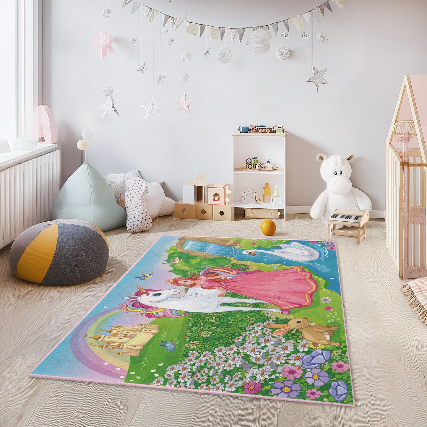 Zauberhafter Einhorn- und Prinzessinnen-Spielteppich für Kinder, rechteckiger Märchenteppich, verzauberter Landschaftsteppich fürs Kinderzimmer