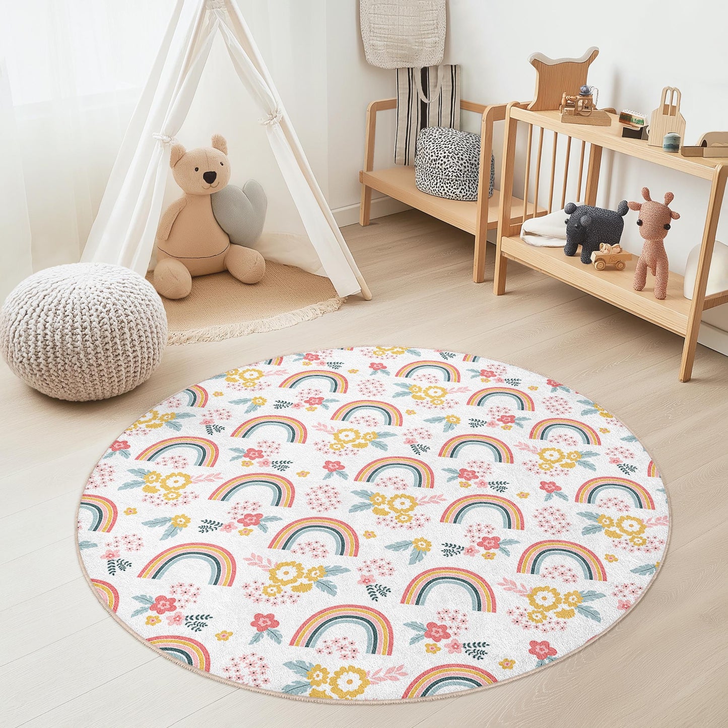 Runder Regenbogen-Blumenteppich: Kinderzimmer-Dekoration