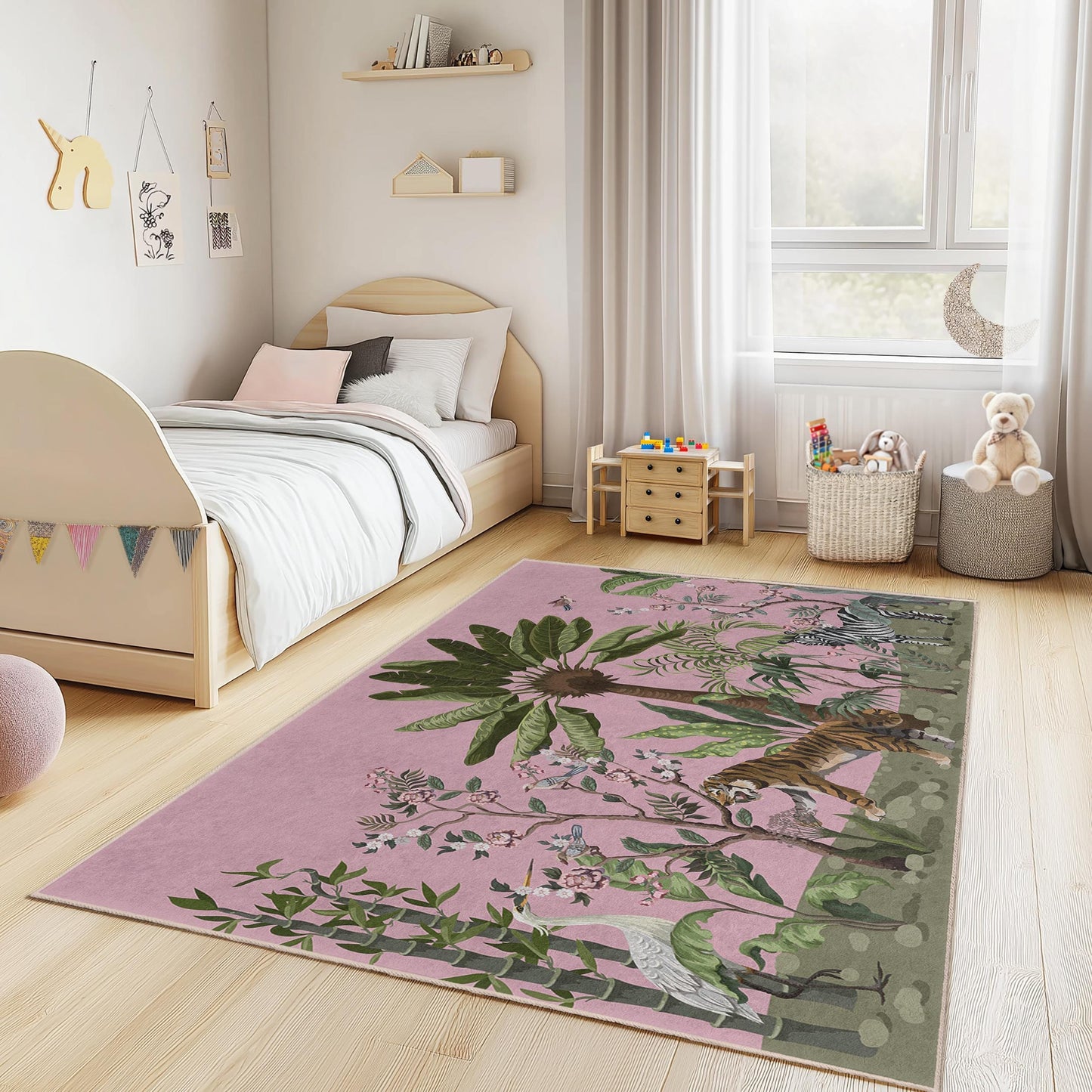 Dschungelabenteuer-Spielteppich für Kinder, Tiermotiv-Kinderteppich, rechteckige Spielmatte fürs Kinderzimmer, weiche Kinderzimmerdekoration, Safari-Teppich