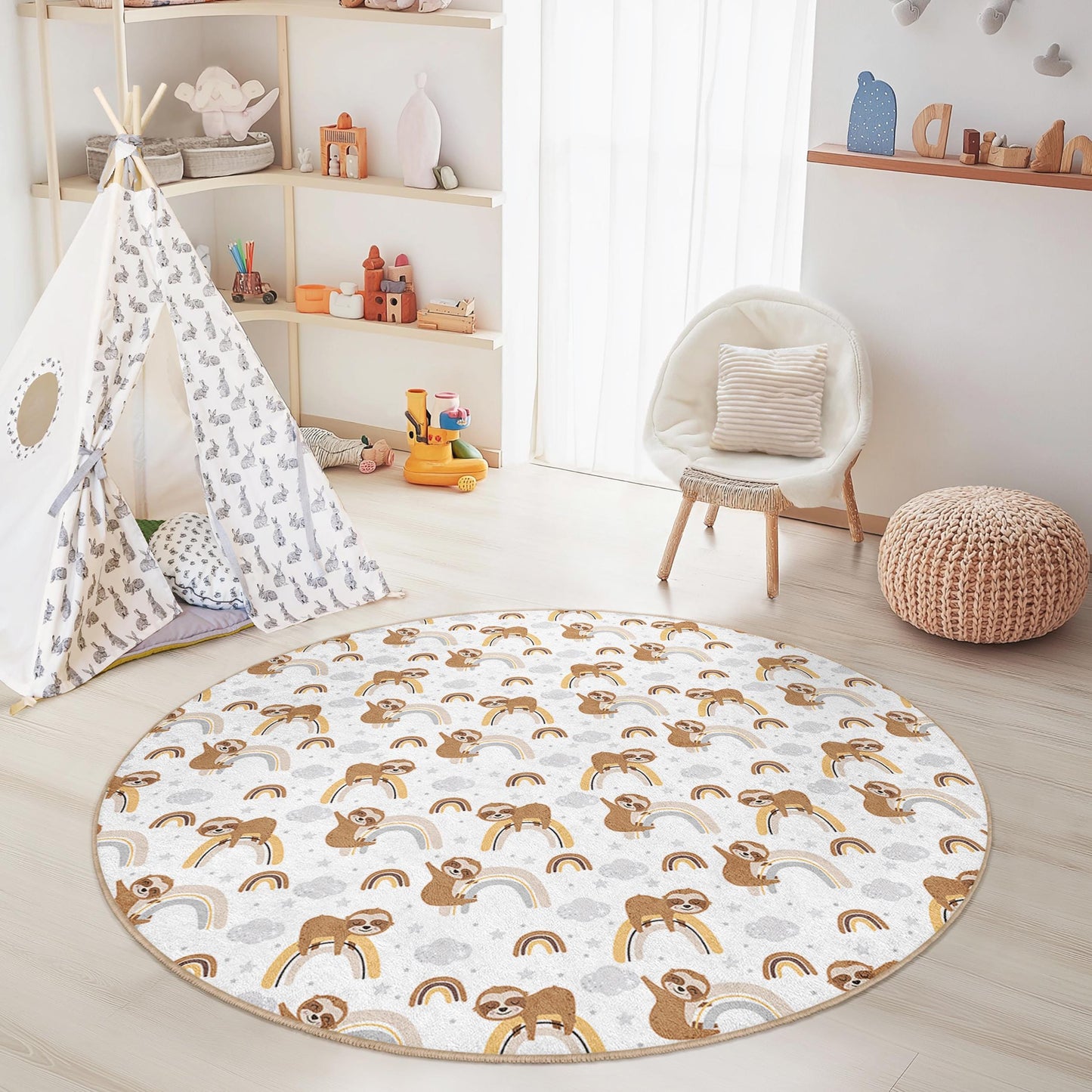 Faultier-Regenbogen-Kinderteppich: Weiche Spielmatte fürs Kinderzimmer, personalisierbar