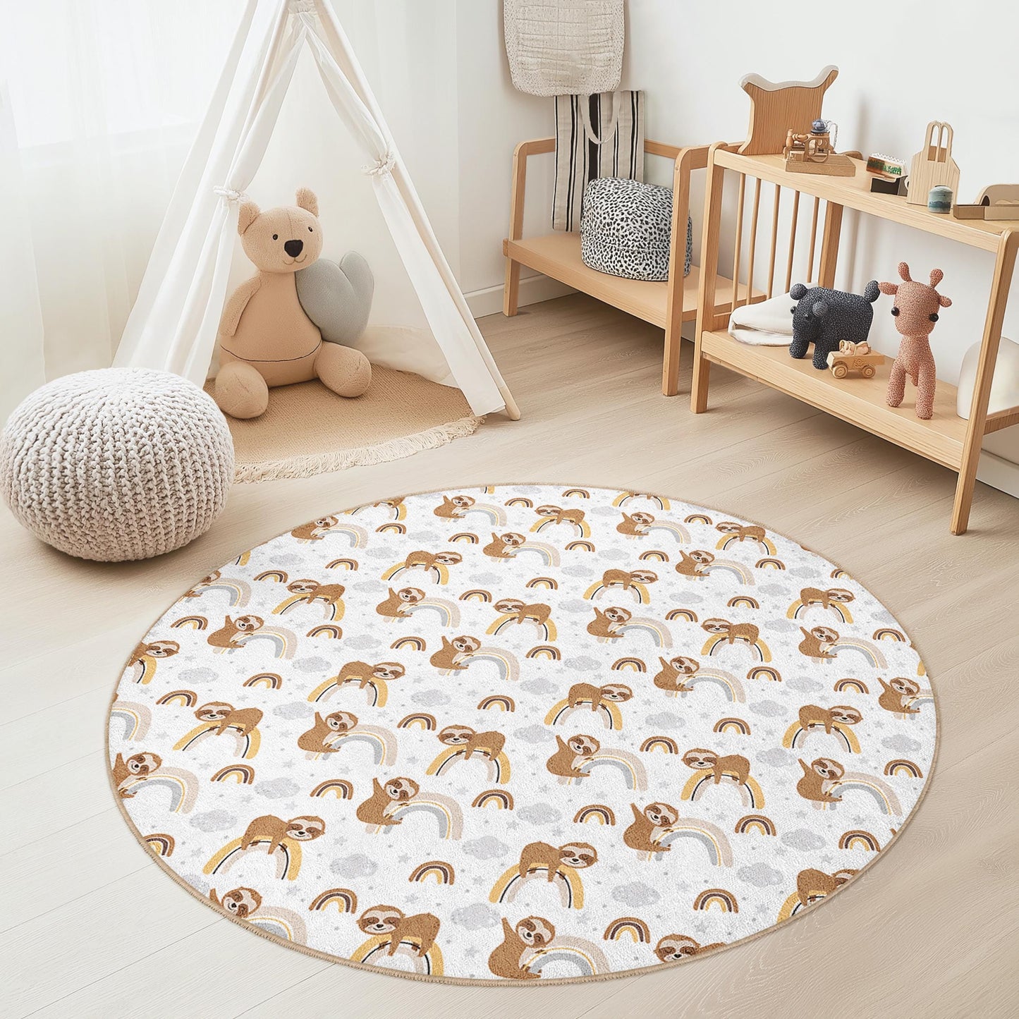 Faultier-Regenbogen-Kinderteppich: Weiche Spielmatte fürs Kinderzimmer, personalisierbar