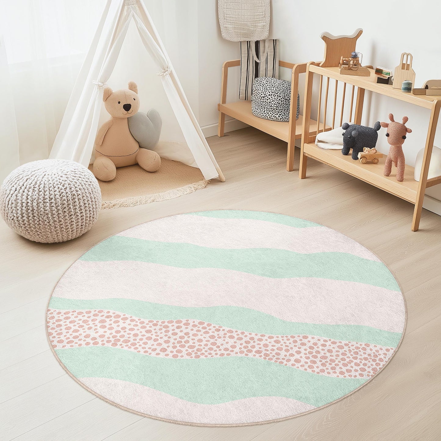 Pastellfarbener Wellen-Kinderteppich: Weicher runder Spielzimmerteppich