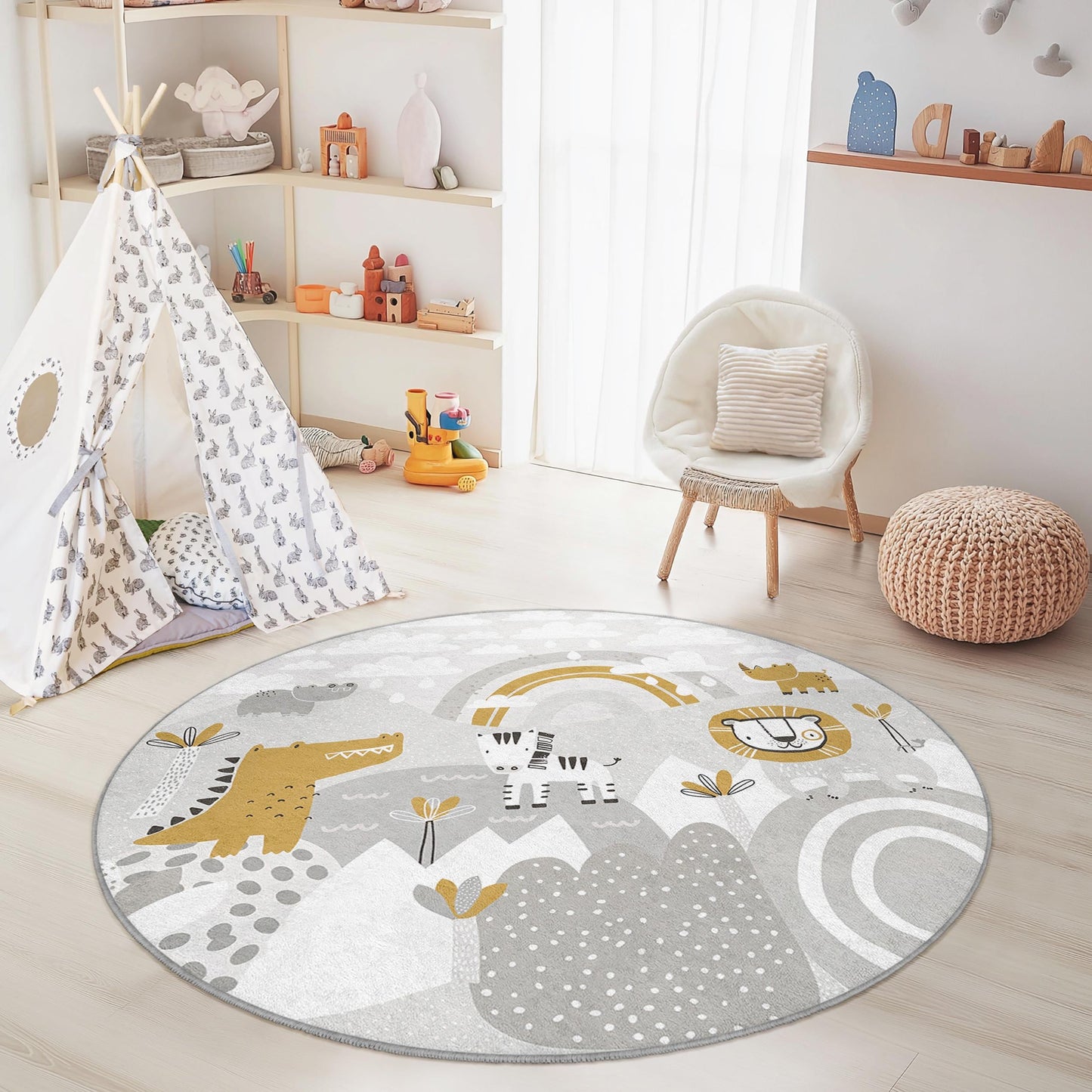 Safari Adventure Kids Rug: Animal Print Play Mat, Jungle Nursery Decor