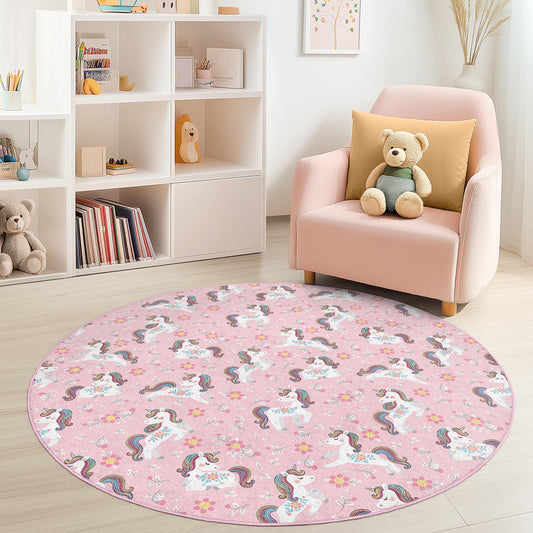 Whimsical Unicorn Kids Rug: Soft Pink Playroom Carpet