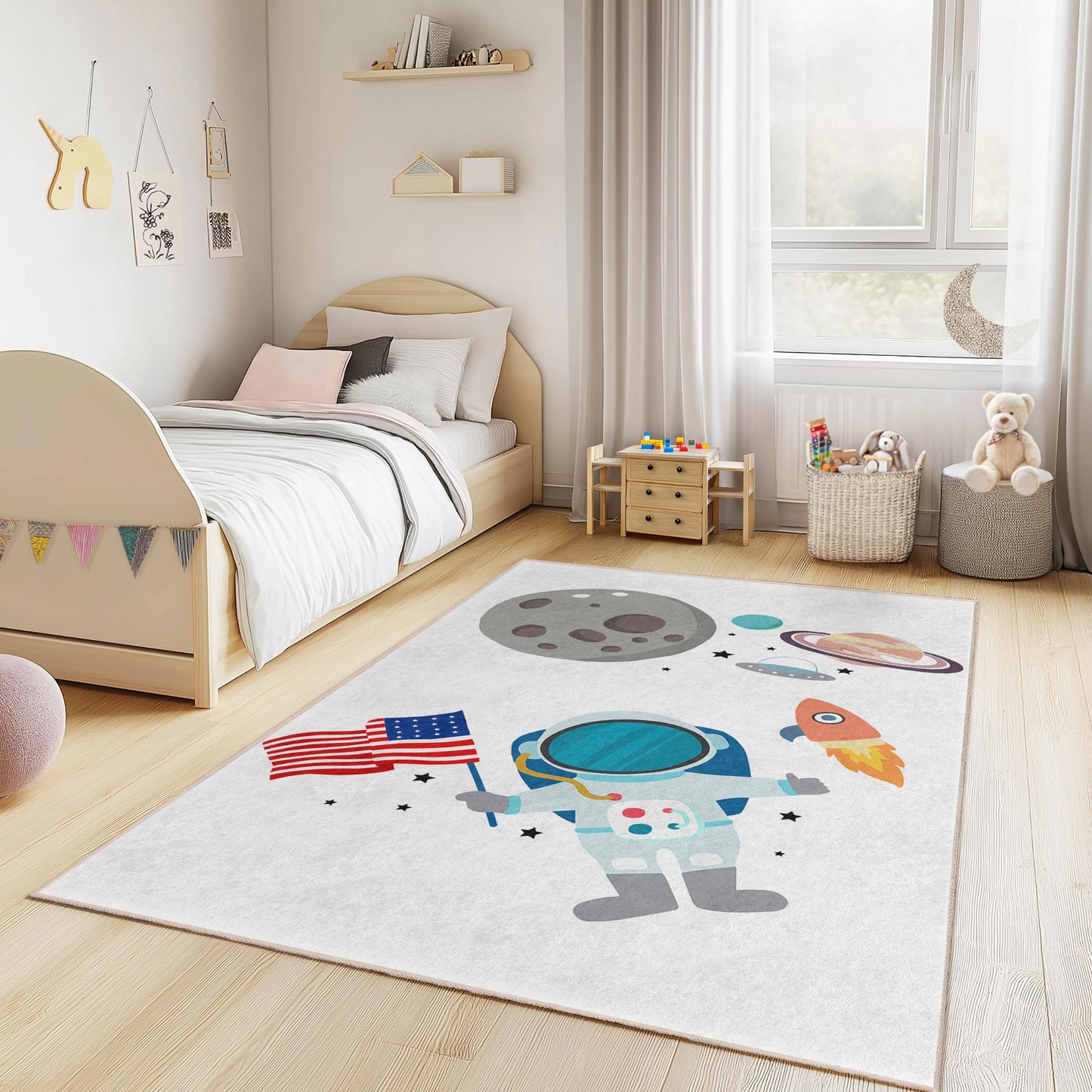Galaxie-Deko, Astronauten-Weltraumabenteuer-Kinderteppich, rechteckige Spielmatte, Weltraum-Thementeppich fürs Kinderzimmer, Kinderzimmerteppich