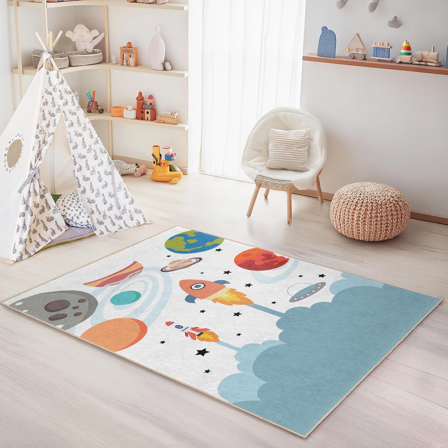 Weltraumabenteuer-Kinderteppich: Raketen- und Planeten-Spielzimmerdekoration