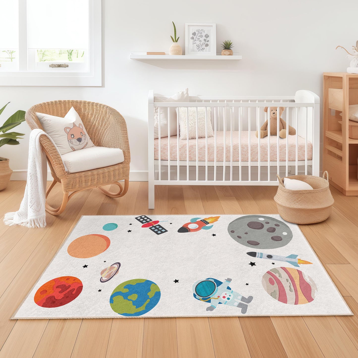Kosmisches Abenteuer-Kinderteppich, Weltraum-Spielmatte, rechteckiger Kinderzimmerteppich, Astronautenteppich, Galaxie-Dekor für Kinder
