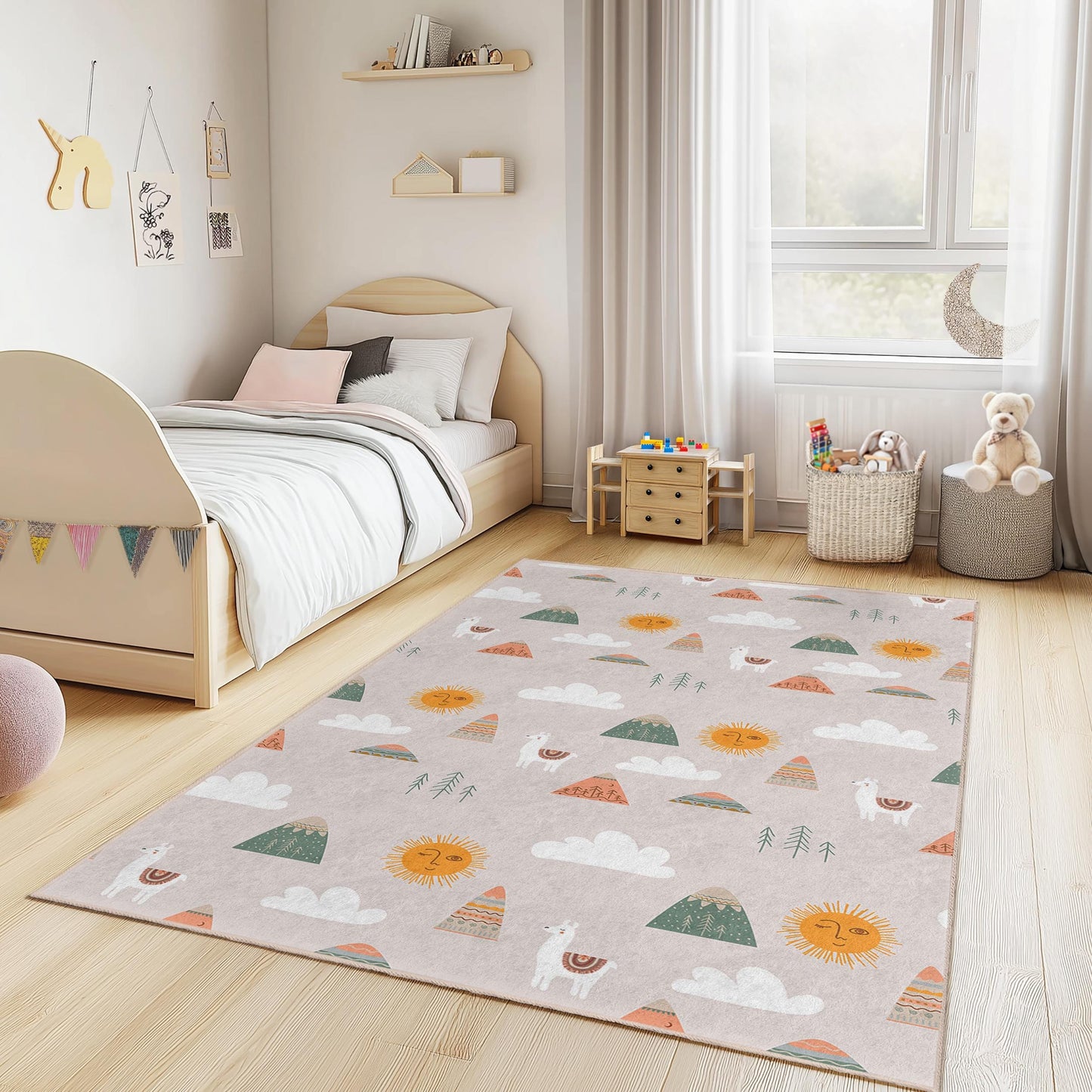 Verspielter Kinderteppich „Berg Sonne“, niedlicher Tierteppich für Kinder, rechteckiger Kinderzimmerteppich, farbenfrohe Kinderzimmerdekoration