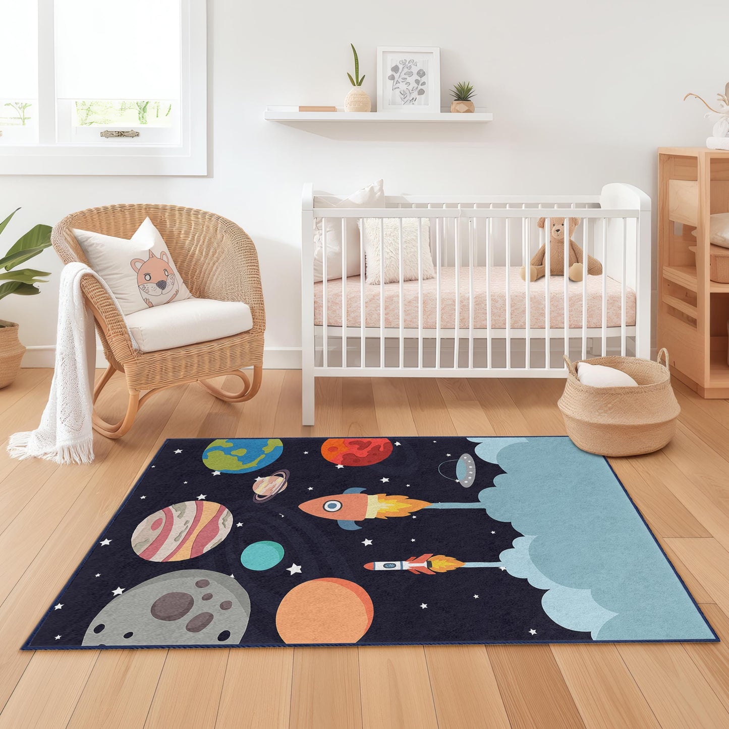 Weltraum-Deko, Weltraumabenteuer-Kinderteppich, Raketen- und Planeten-Spielmatte, rechteckiger Kinderzimmerteppich, Babyzimmerteppich