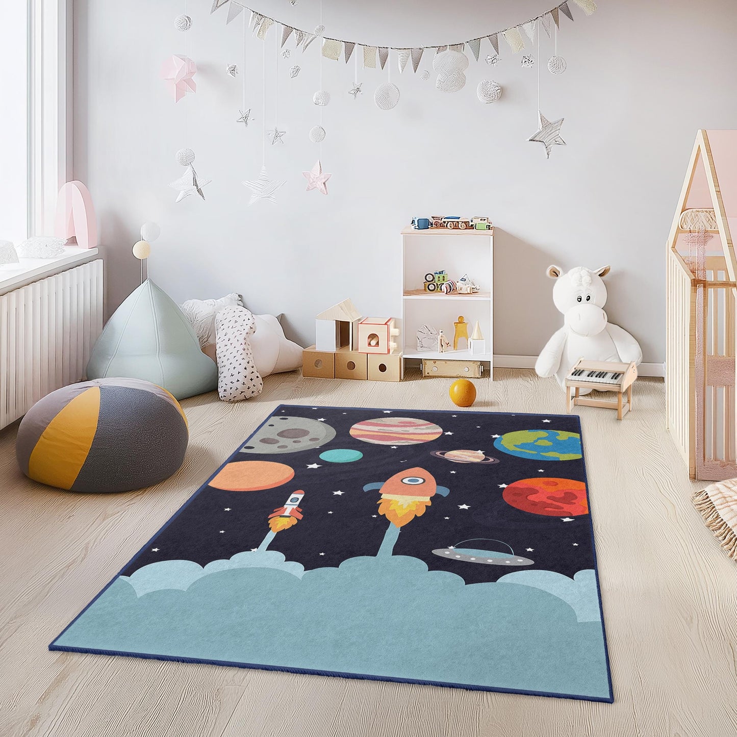 Weltraum-Deko, Weltraumabenteuer-Kinderteppich, Raketen- und Planeten-Spielmatte, rechteckiger Kinderzimmerteppich, Babyzimmerteppich