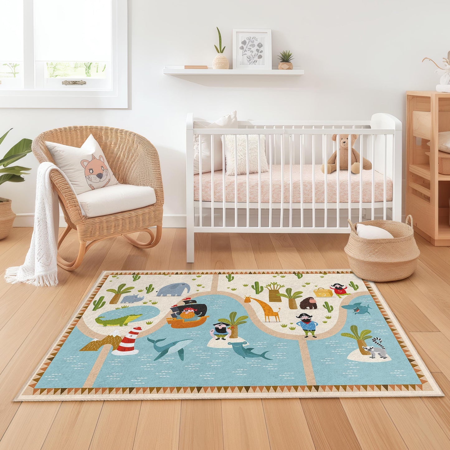 Abenteuerinsel-Spielteppich für Kinder, rechteckiger Kinderteppich, Spielzimmerdekoration, Teppich im Safari-Stil, weiche Spielmatte fürs Kinderzimmer, Tierabenteuer-Teppich