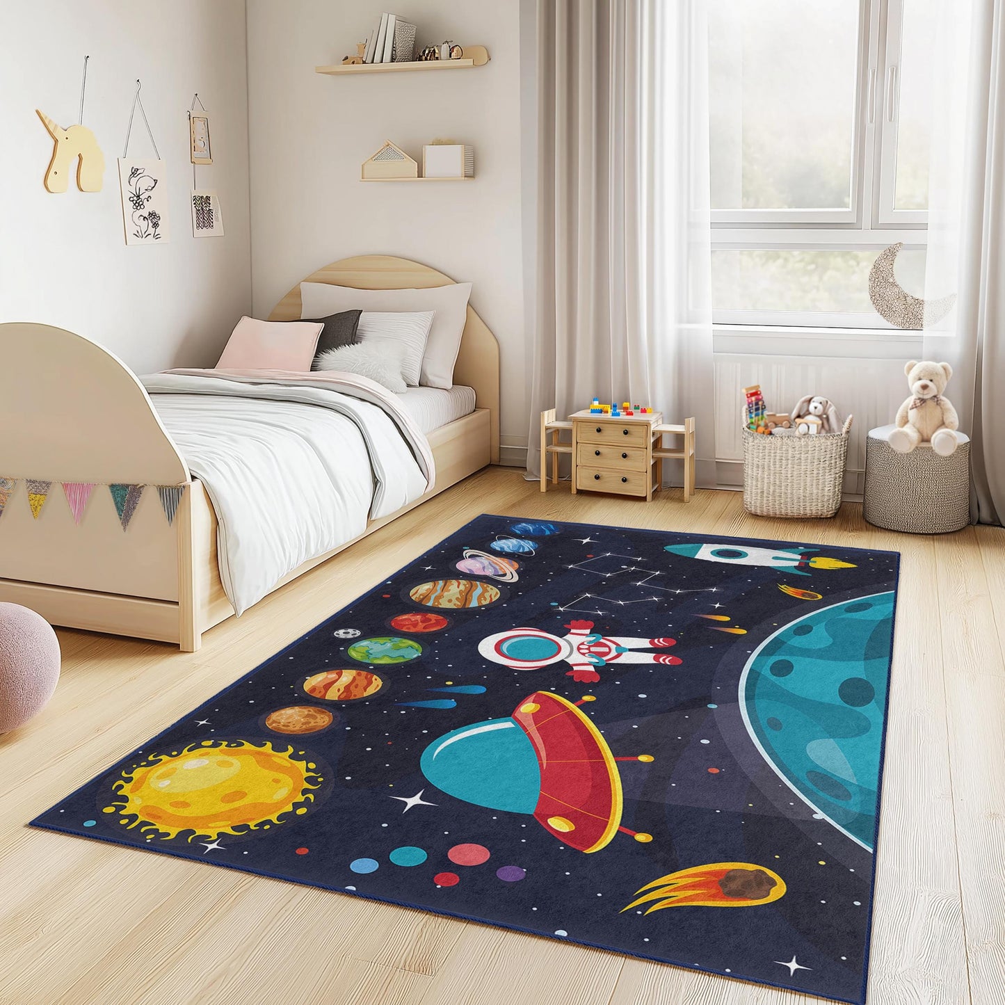 Weltraum-Deko, Galaxie-Teppich, rechteckiger Kinderteppich „Kosmisches Abenteuer“, Spielmatte „Weltraumforschung“, Astronauten-Teppich fürs Kinderzimmer
